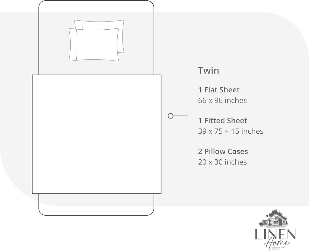Linenhome Linen Home 4 Piece Twin Cotton Sheet Set, 100% Cotton Percale, 2 Pillowcases, Deep Pocket with All Around Elastic Sheet, Crisp Br…