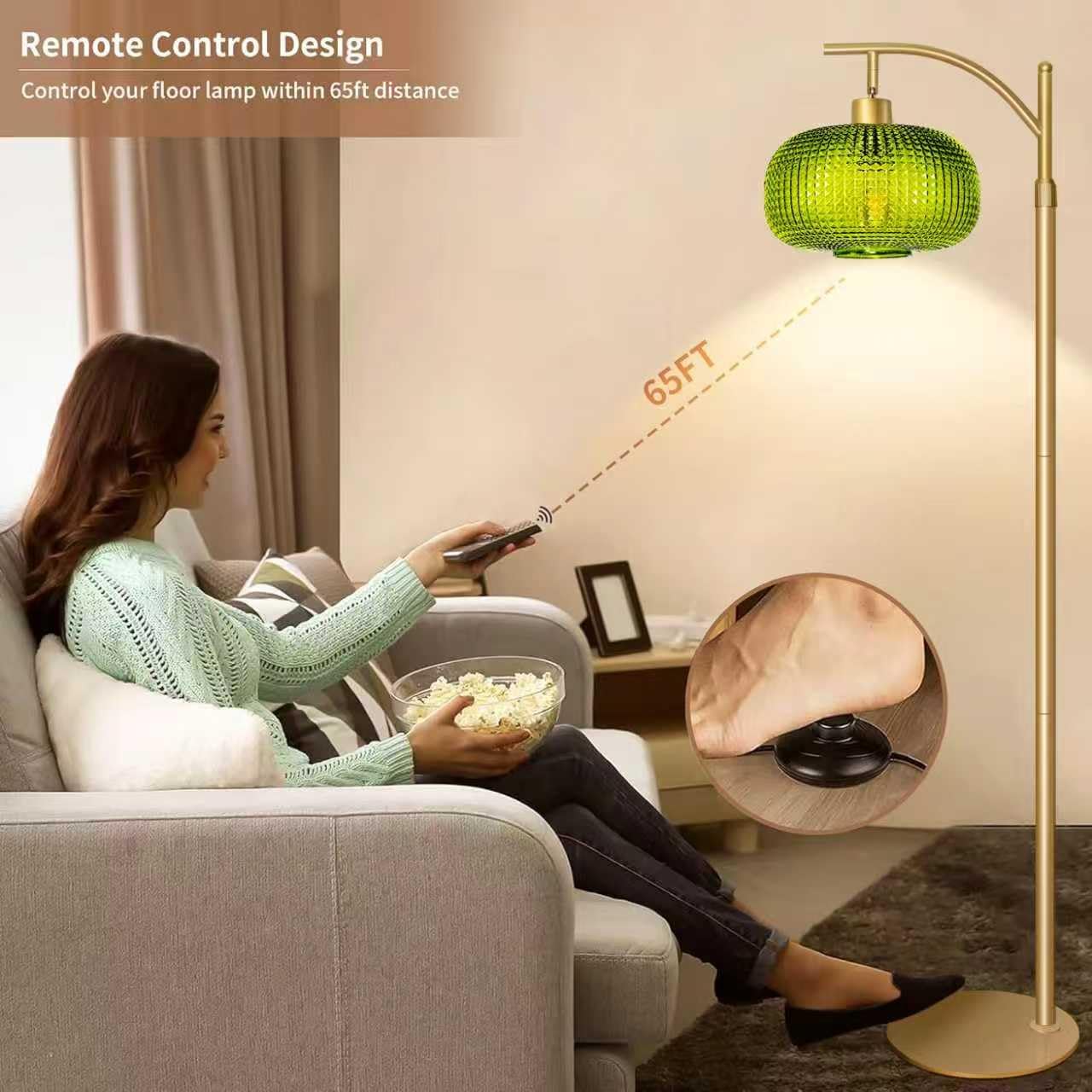 Modern Floor Lamp for Living Room, Mid Century Tall Standing Lamp Green Glass Lamp Shade, Dimmable Gold Tall Pole Lamp for Bedroom Office…