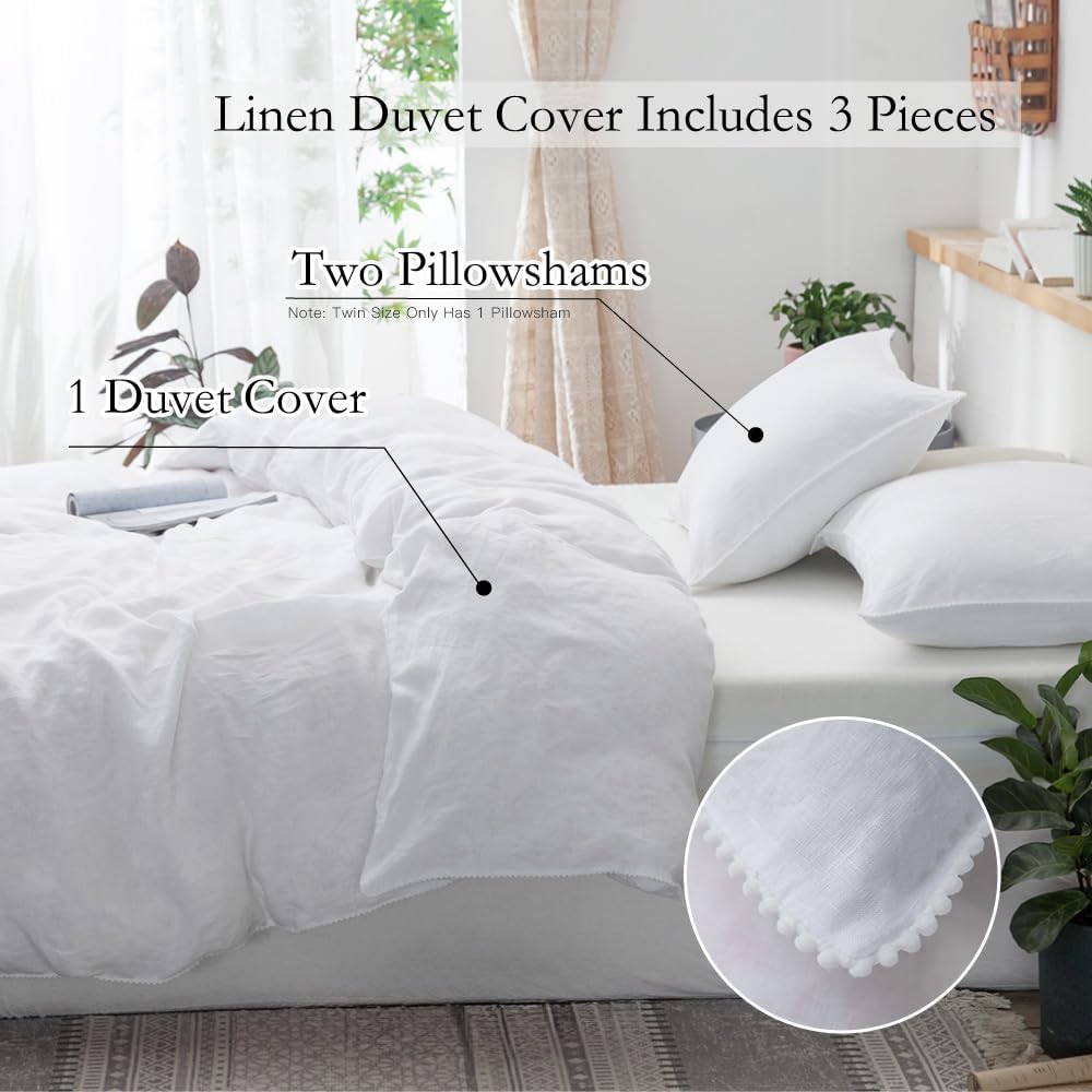 Simple&Opulence 100% Washed Linen Duvet Cover with Pom Pom Trim, Natural French Flax Bedding Set Soft Breathable,1 Farmhouse…