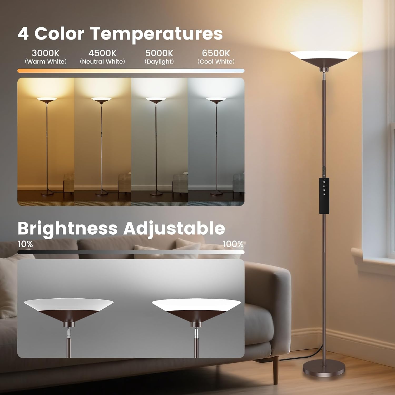 SIBRILLE Brown Torchiere Floor Lamp - 30W Dimmable LED Standing Lamp with Remote, 4 Color Temps, Stepless Dimming, 3000-6500K, 1800LM…