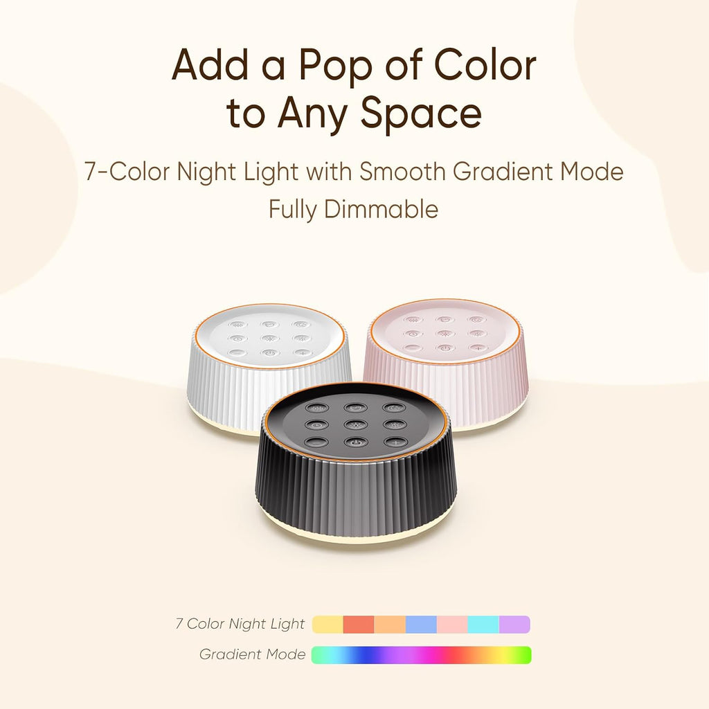 Kipcush® Noise Machine, White Noise Sound Machine for Baby & Adults, 26 Soothing Sounds, 8 Night Light Colors, Tap Control