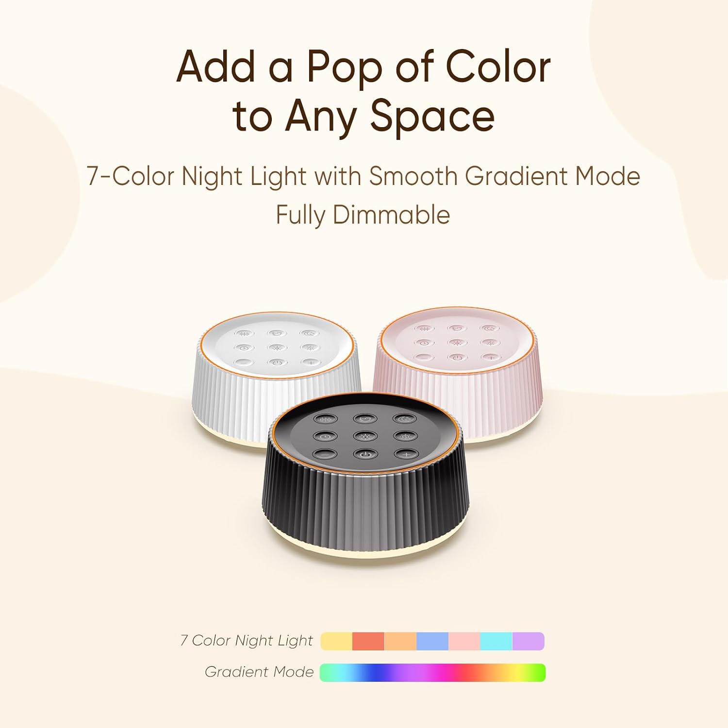 Kipcush® Noise Machine, White Noise Sound Machine for Baby & Adults, 26 Soothing Sounds, 8 Night Light Colors, Tap Control