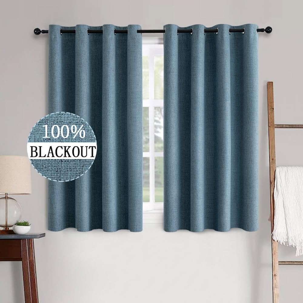Miulee Linen Texture Curtains for Bedroom Solid 100% Blackout Thermal Insulated Dusty Blue Curtains Grommet Room Darkening Drapes Luxury De…