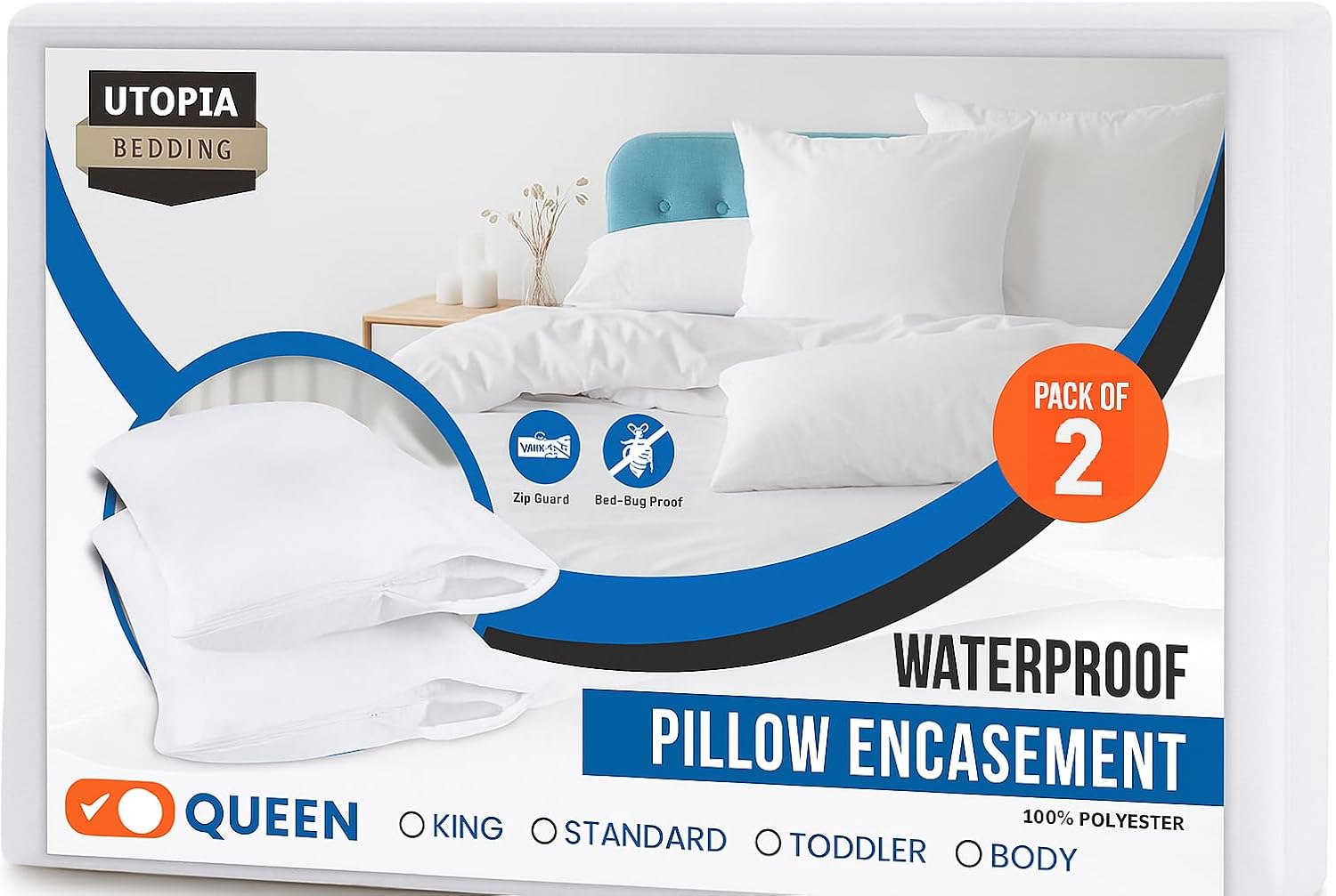 Utopiabedding Set of 2 Pillow Protectors with Zipper Queen Size, Bed Bug and Dust Mite Proof Pillow Covers, Ultra Soft Pillow Encasements,…