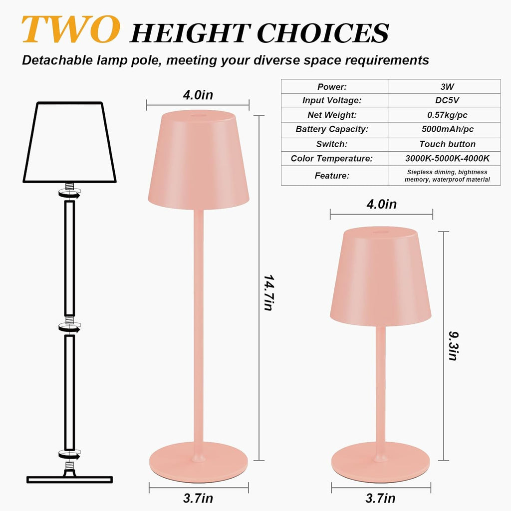 Kakanuo Cordless Table Lamp Rechargeable Pink - KK 2 Pack 5000mAH Battery Operated Lamp for Counter, 3 Color Stepless Dimming Wireless…