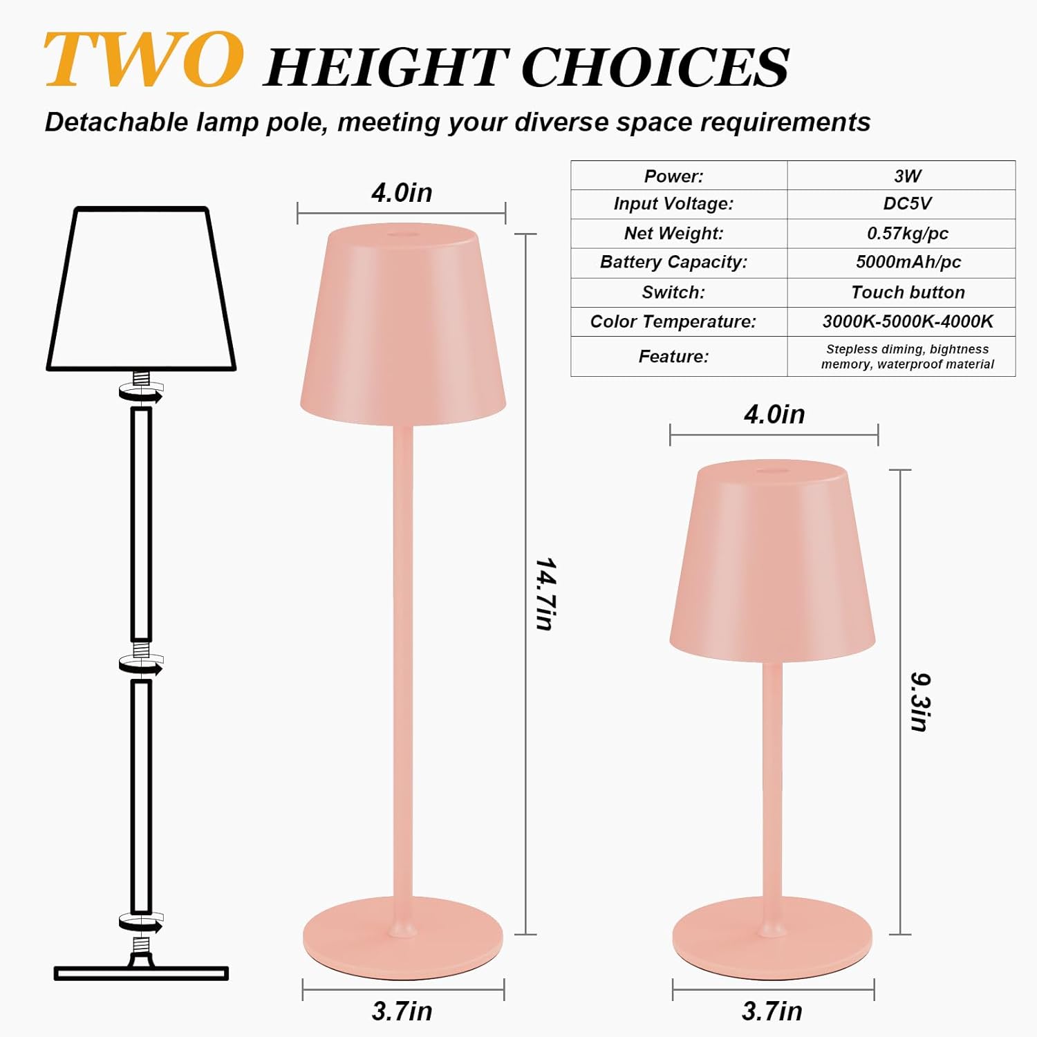 Kakanuo Cordless Table Lamp Rechargeable Pink - KK 2 Pack 5000mAH Battery Operated Lamp for Counter, 3 Color Stepless Dimming Wireless…