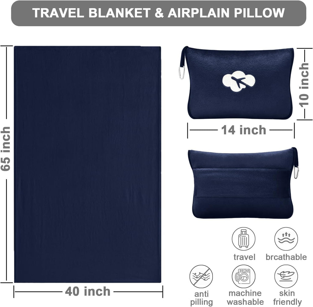 JungleStar Travel Blanket and Pillow Compact, Soft 2 in 1 Airplane Blanket with Soft Bag Pillowcase, Hand Luggage Sleeve and Backpack Clip (…