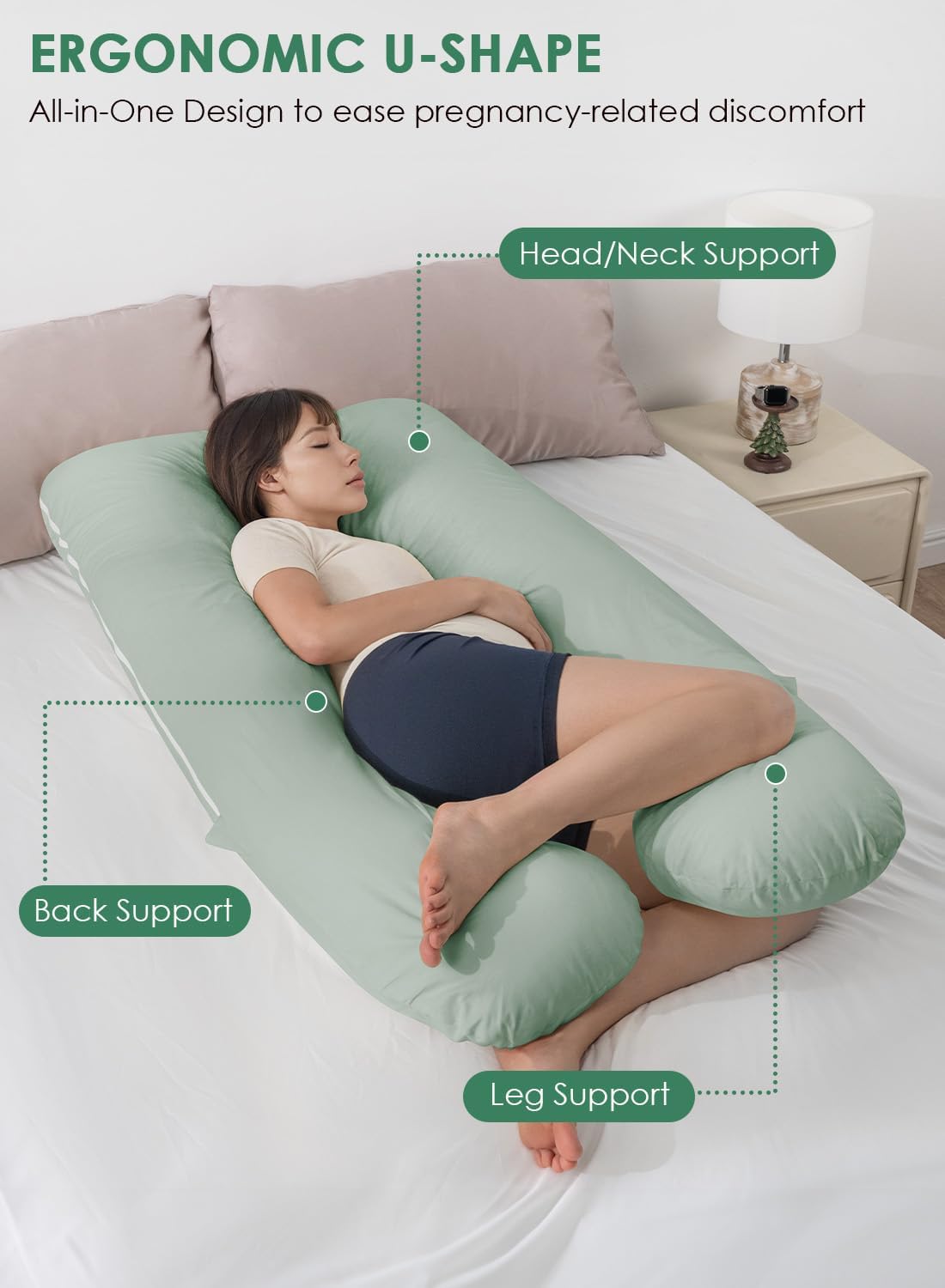 Queenrose QUEEN ROSE Pregnancy Pillows, Soft Cotton U Shaped Body Pillow for Sleeping, Maternity Pillow for Pregnant Women, Green Cotton Gr…