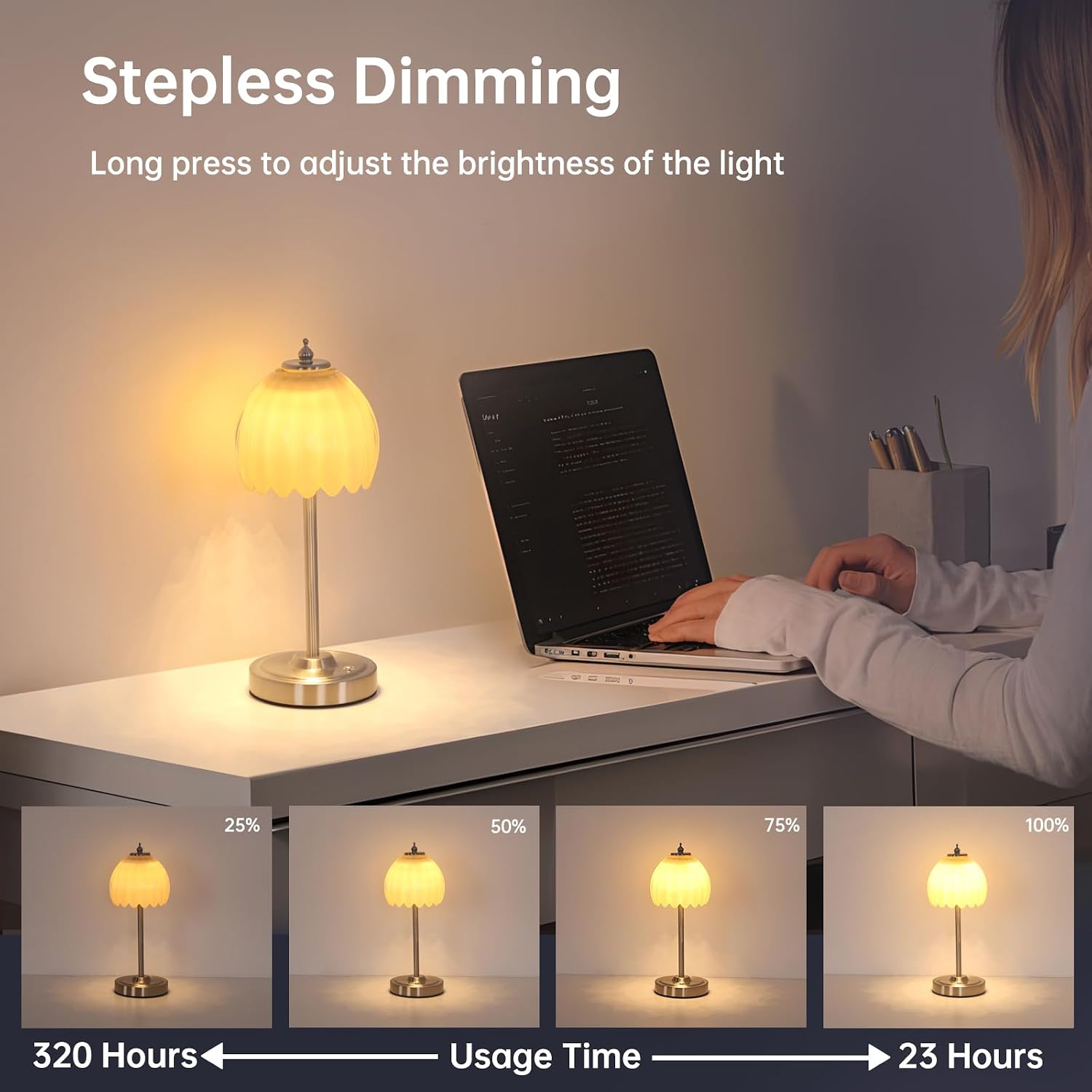 Shenmoyl Tulip Table Lamp with 5200mAh Battery & Touch Control, Cordless Small Table Lamp with 3 Colors, Dimmable Rechargeable Table…