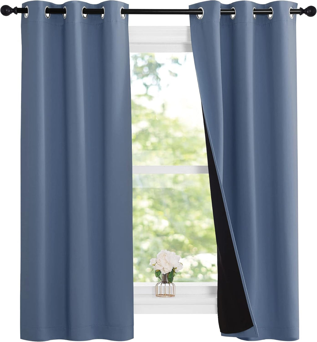Nicetown Stone Blue 100% Blackout Small Curtains 63 inches Long, Thermal Insulated Full Blackout 2-Layer Lined Drapes, Energy Efficiency Wi…