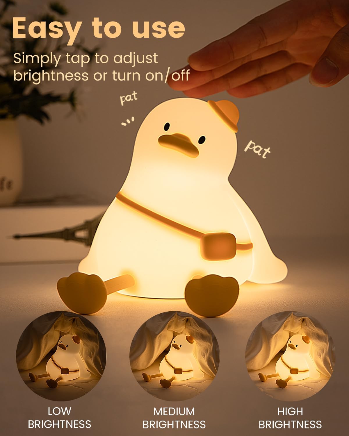 Kids Night Light Duck Design, Silicone Tap Control Bedside Lamp with Time Auto-Off, Cute Portable LED Nursery Light for Baby, Toddler…
