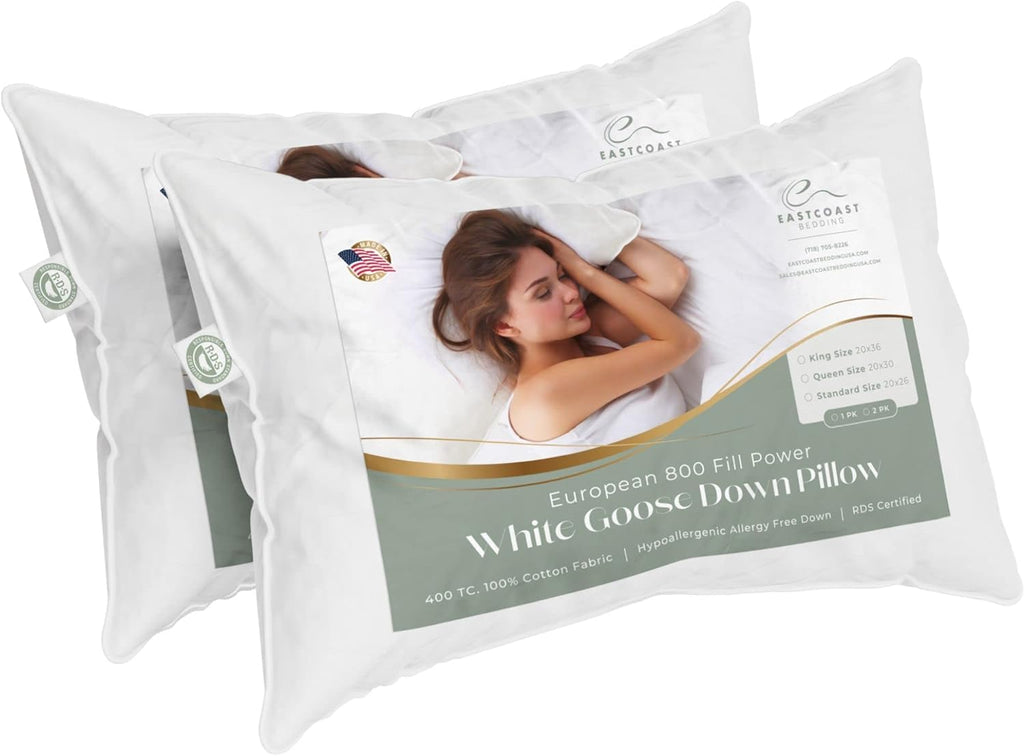 East Coast Bedding European Pure Down Pillow, 800 Fill Power, 400 Thread Count Cotton Sateen Shell, King Medium