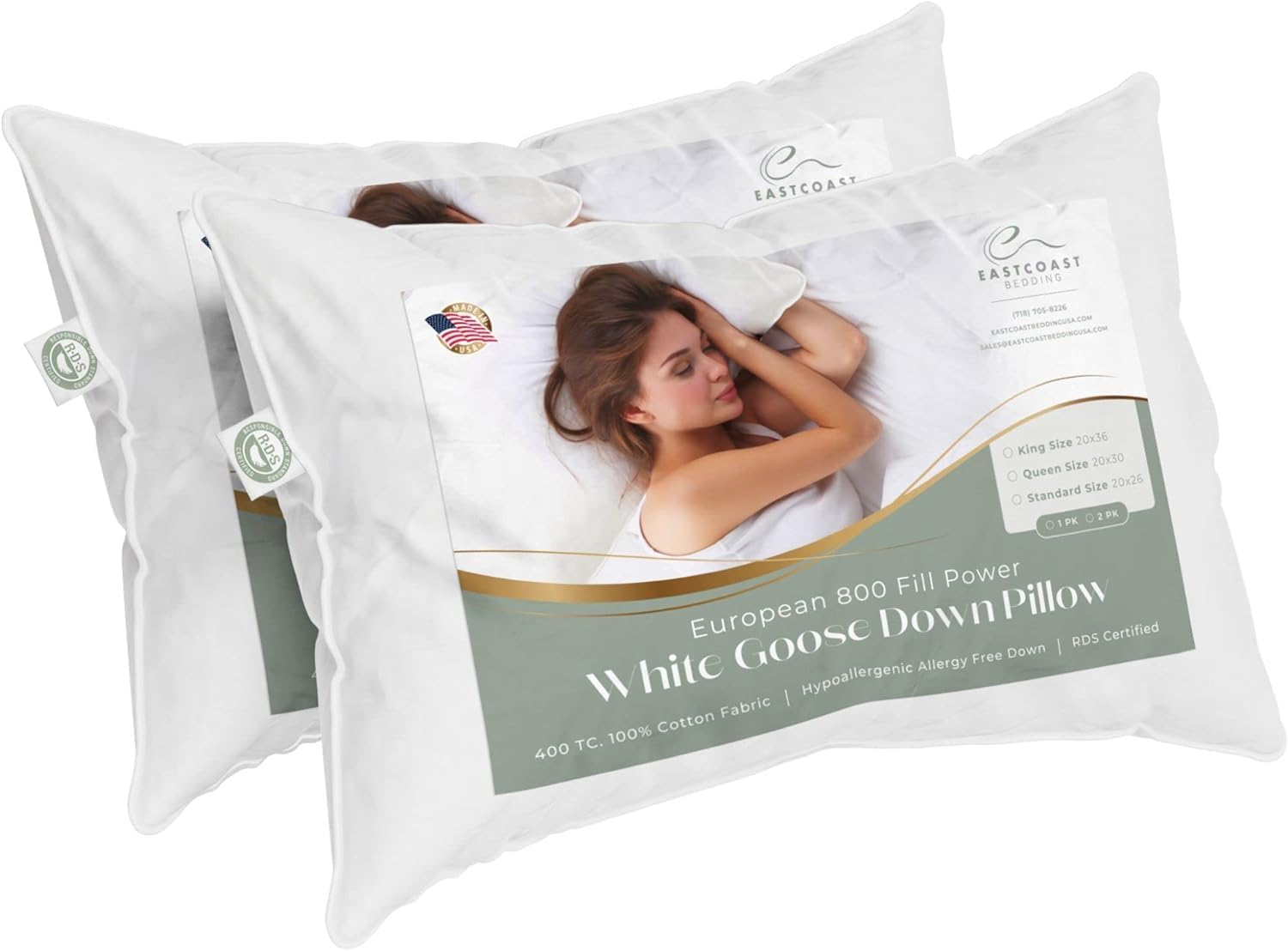 East Coast Bedding European Pure Down Pillow, 800 Fill Power, 400 Thread Count Cotton Sateen Shell, King Medium