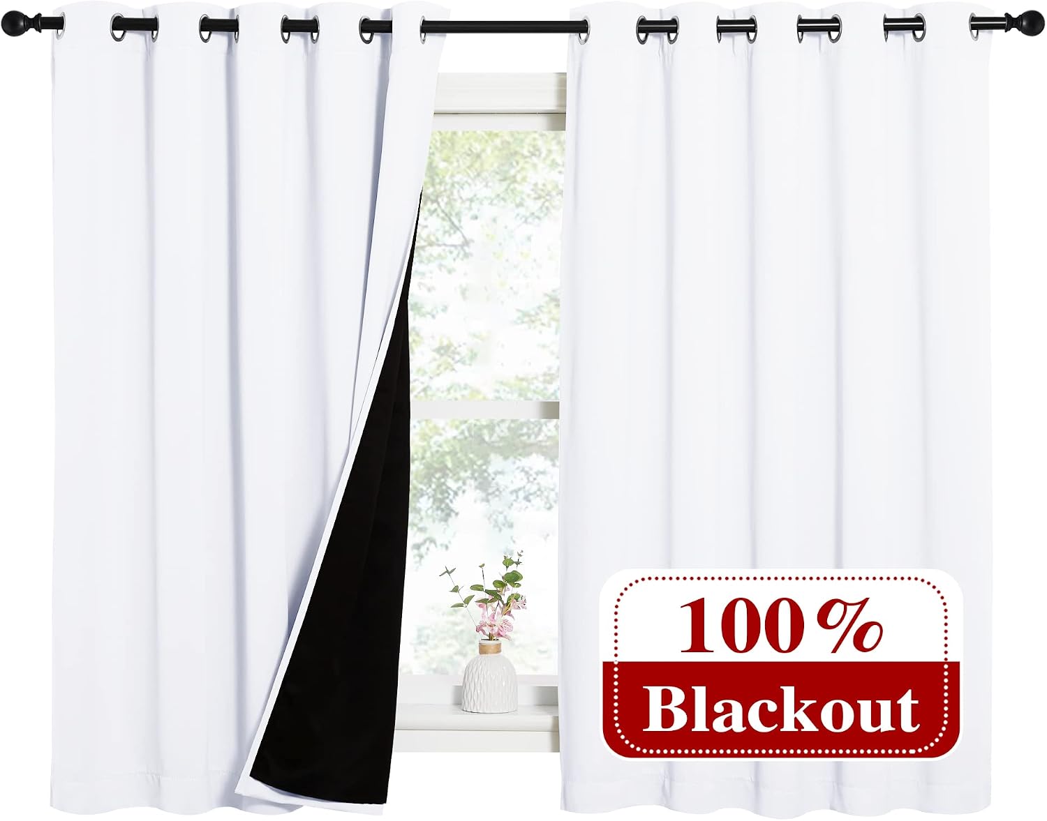 Nicetown White 100% Blackout Lined Curtains, 2 Thick Layers Completely Blackout Window Treatment Thermal Insulated Drapes for Kitchen/Bedro…