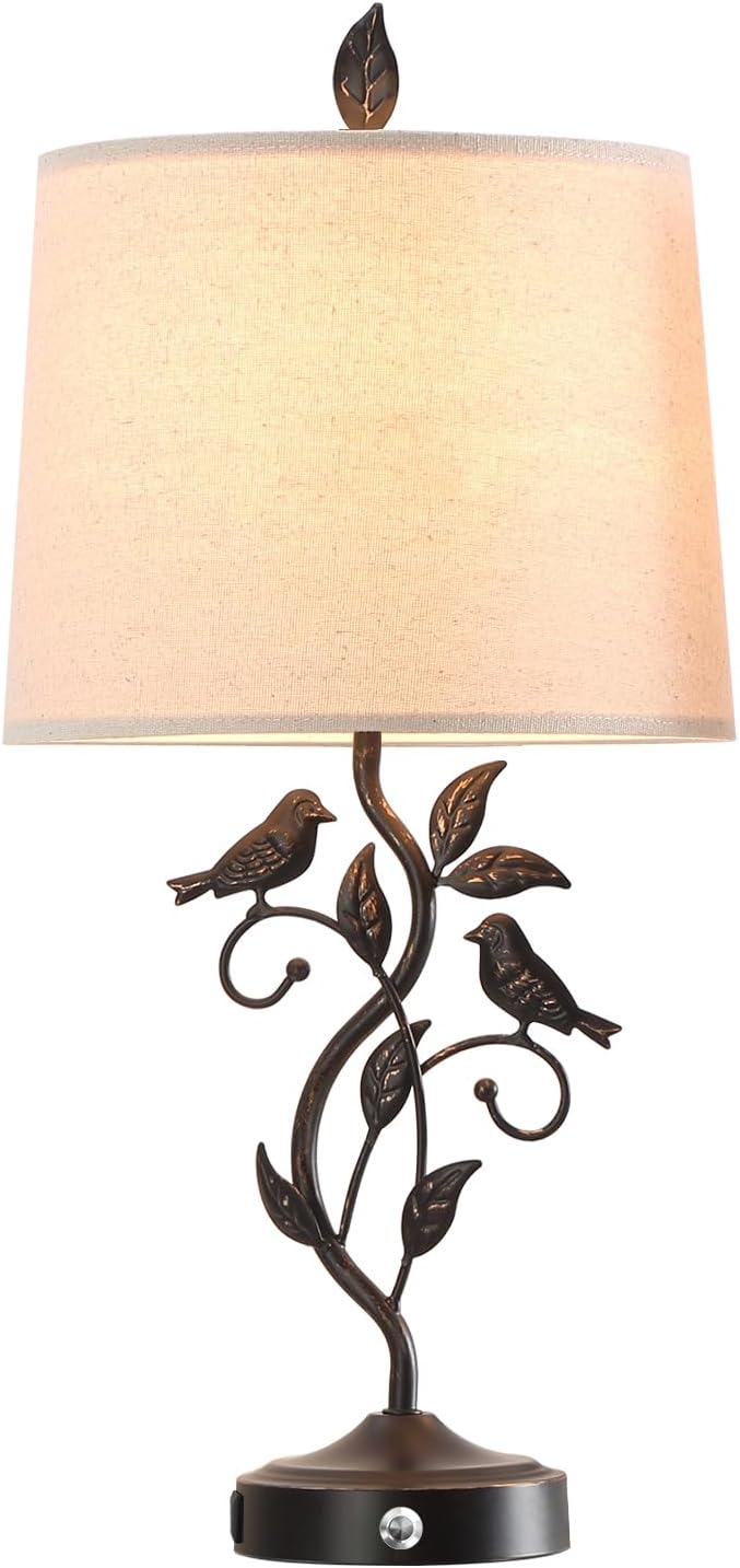 27" Touch Farmhouse Table Lamps for Living Room with 3-Way Dimmable 2 USB Ports, Vintage Rustic Iron Leaf Nightstand Lamp for Bedroom…
