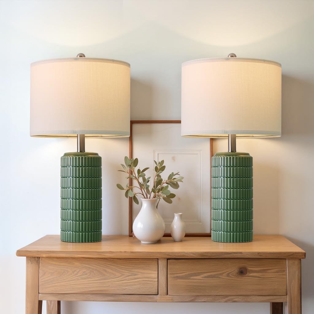 PoKat 24" Modern Ceramic Table Lamps Set of 2 for Bedroom, Green Bedside Lamps for Night Stands, Farmhouse House Decor Nightstand Table…