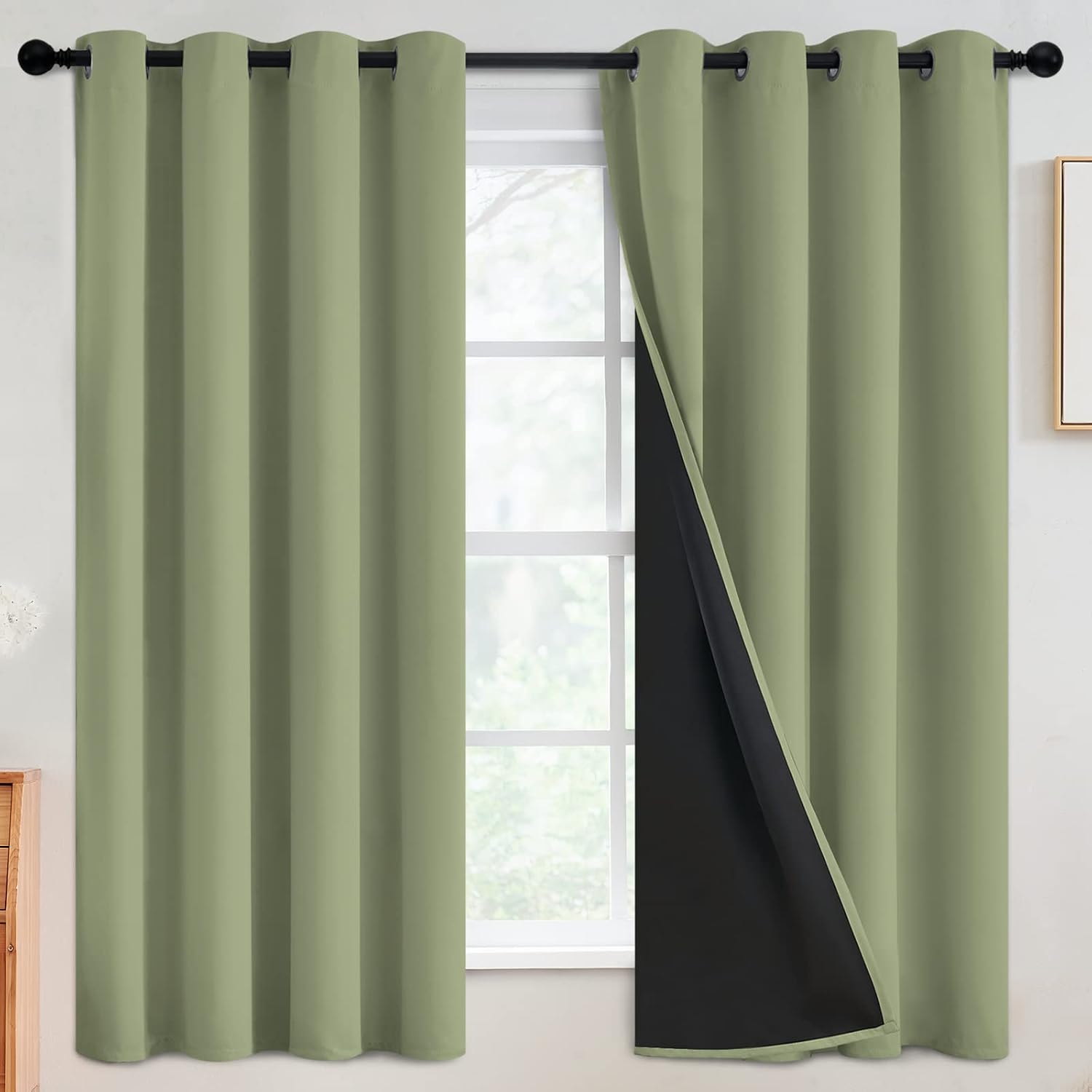 SimpleHome 100% Blackout Curtains for Bedroom, Thermal Insulated Grommet Window Drapes Room Darkening Sage Curtains for Living Room with Bla…