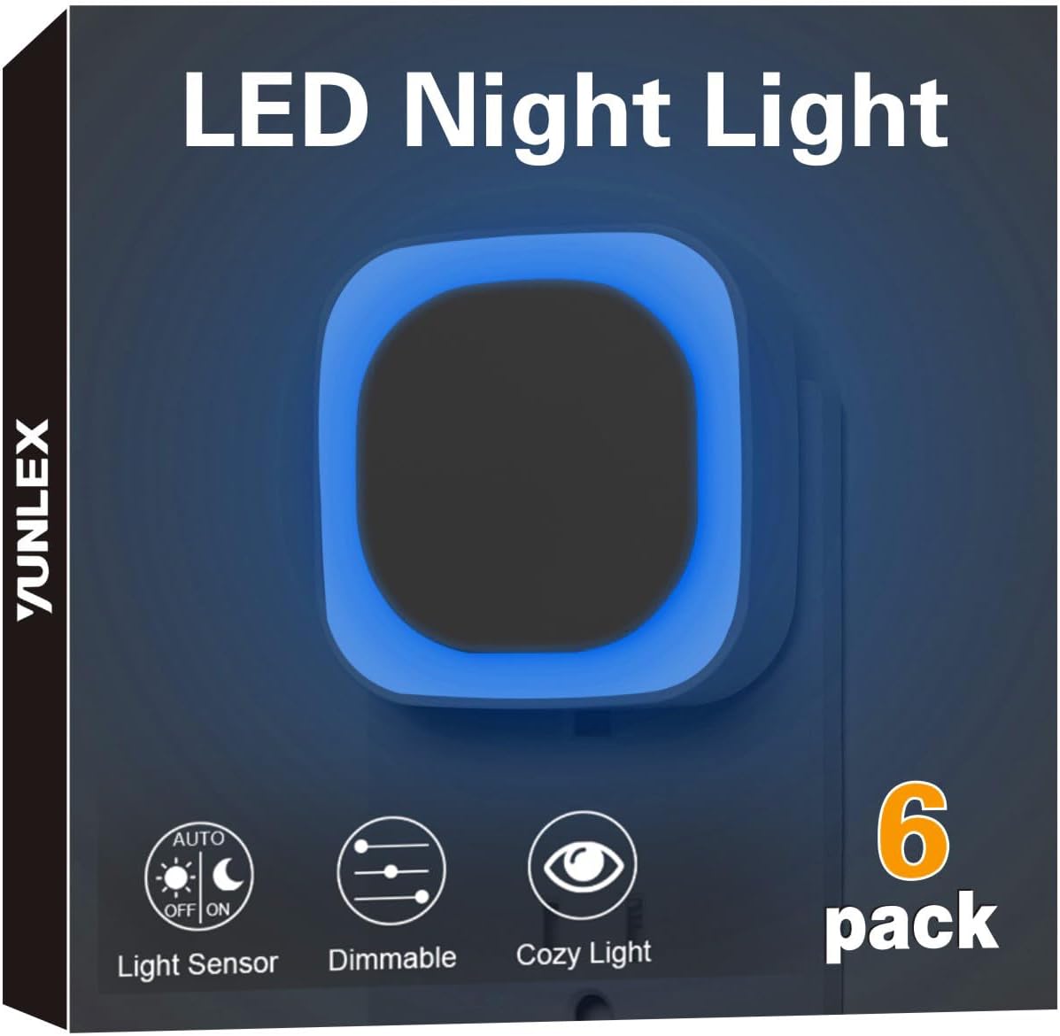 YUNLEX 6 Pack Azure Night Light, Crisp Modern Glow with Dimmable Soft Light & Indirect Reflection, Auto Dusk to Dawn Sensor, Plug in LED…