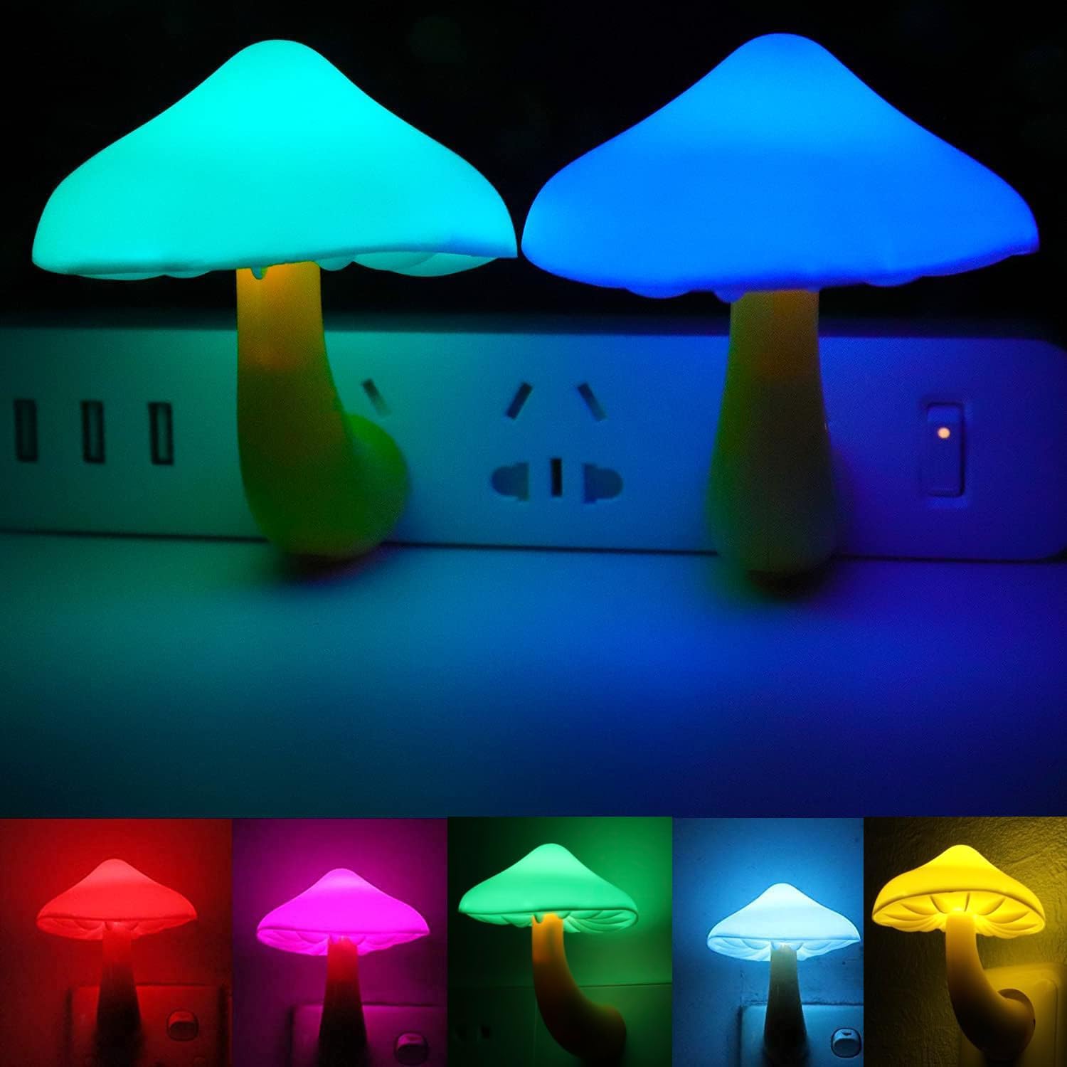 AUSAYE 2 Pack LED Cute Mushroom Night Light Plug into Wall Lamp 7-Color Changing Sensor Night Lights for Kids Adults…