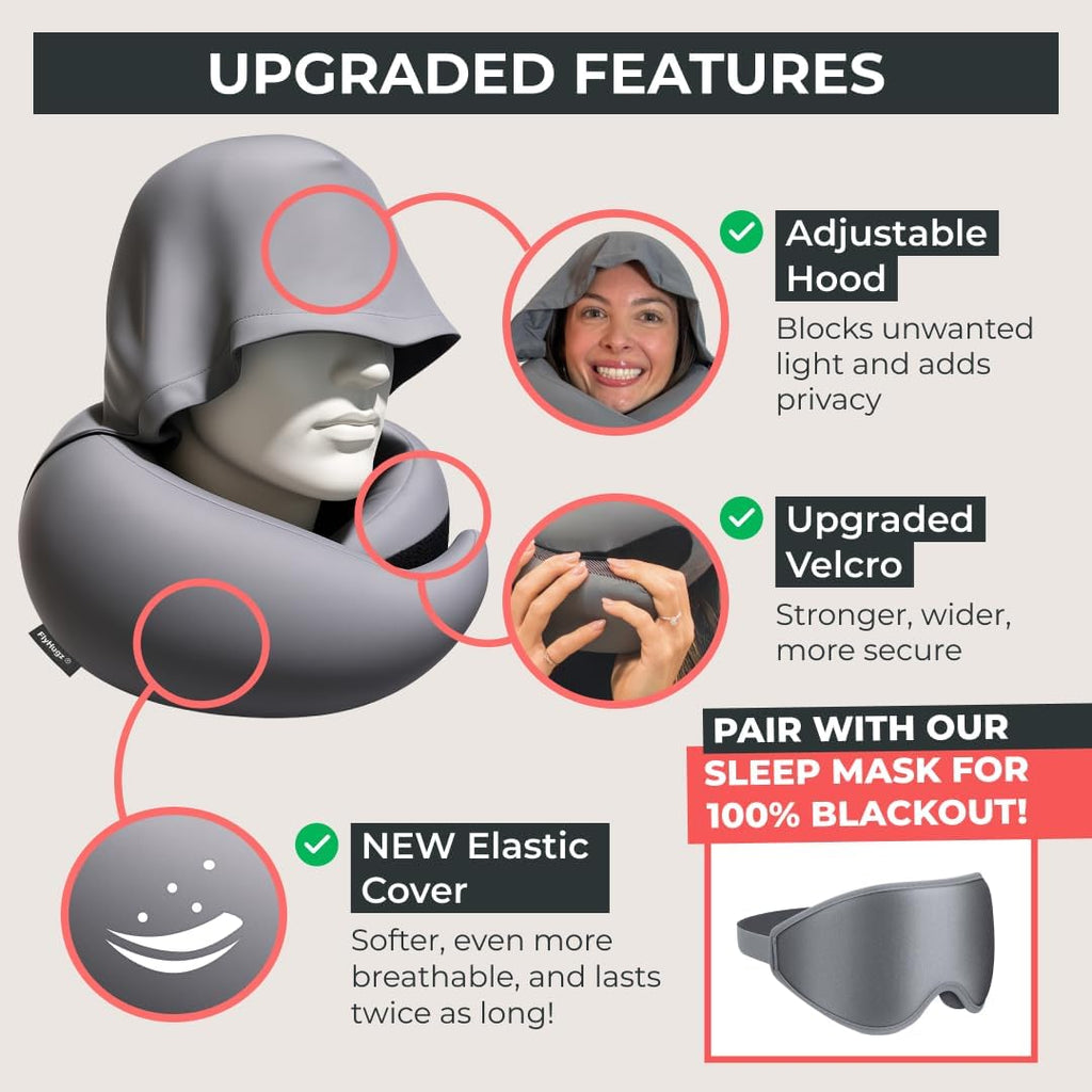 FlyHugz® 2.0 Hooded Travel Pillow – 2026 Original Release – Memory Foam Neck Pillow with Adjustable Hood & Premium Elastic Washable Cover…