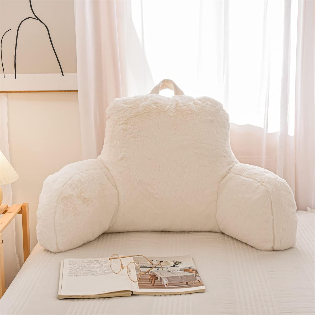 Ntbed Reading Pillow Faux Fur Bed Wedge Backrest with Arms, Couch TV Relax Bed Rest Pillow Back Support Cushion for Kids Teens Boys Girls(Iv…