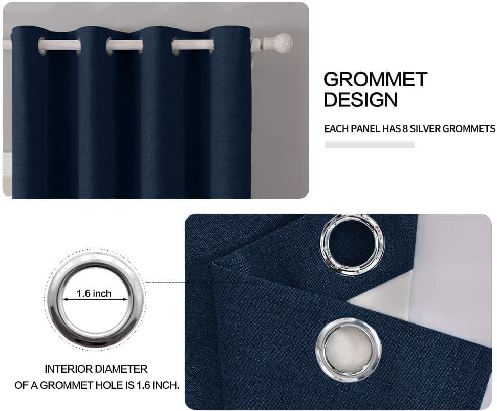 Miulee Linen Textured Curtains for Bedroom Solid 100% Blackout Thermal Insulated Midnight Blue Grommet Room Darkening Curtains & Drapes Lux…