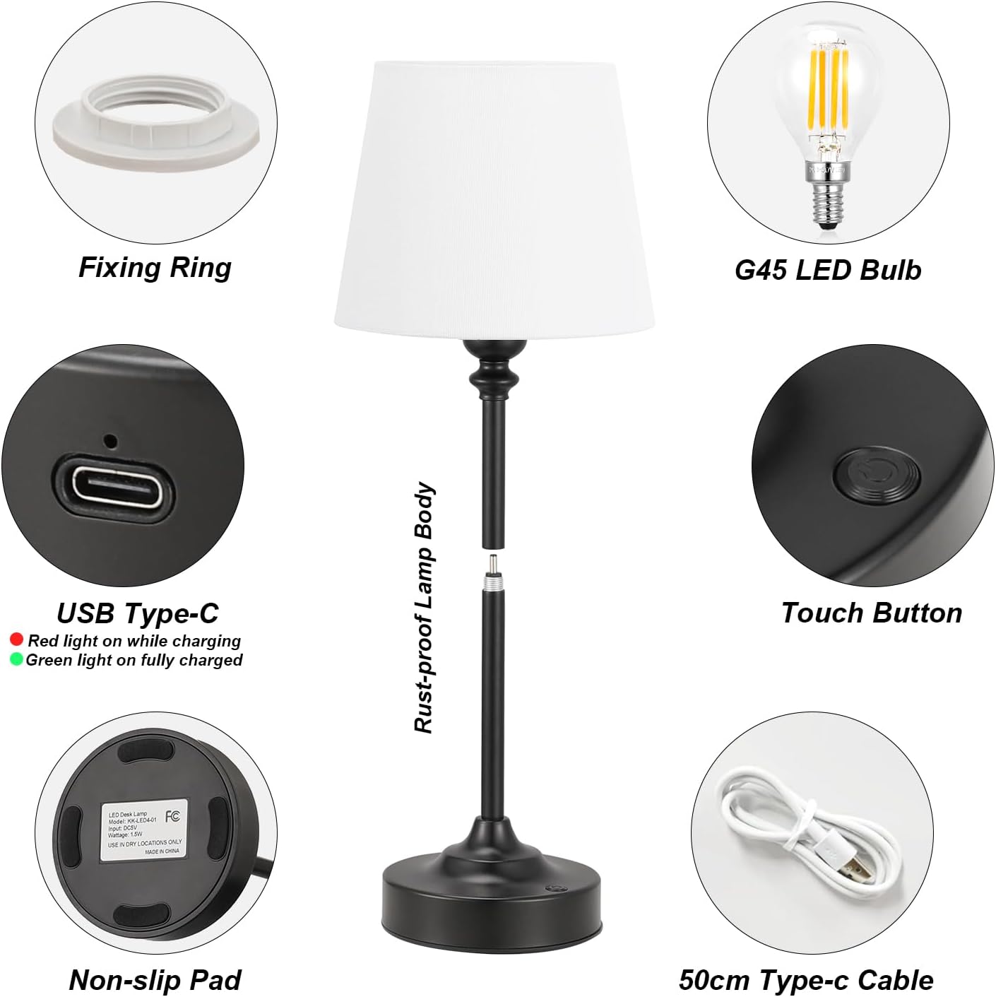 Kakanuo Cordless Table Lamp Rechargeable Black - 1 Pack 4000mAH Battery Operated Lamp for Decor, 3000K Stepless Dimming Touch Control…