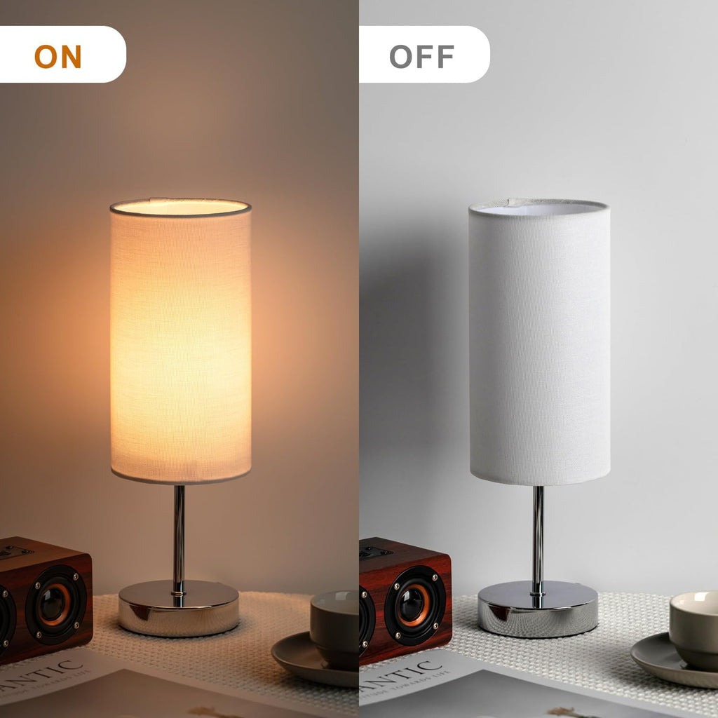 Small Table Lamp for Bedroom Nightstand, Round White Fabric Shade and Silver Metal Base, Modern Minimalist Bedside Lamps for Dresser, End…
