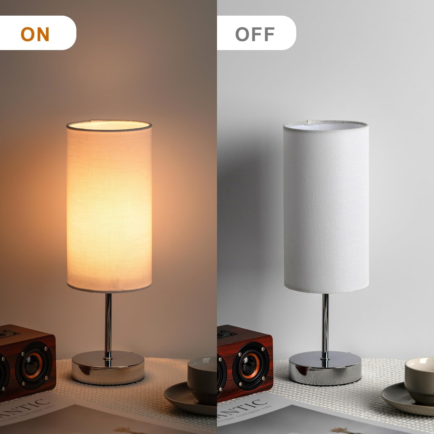 Small Table Lamp for Bedroom Nightstand, Round White Fabric Shade and Silver Metal Base, Modern Minimalist Bedside Lamps for Dresser, End…