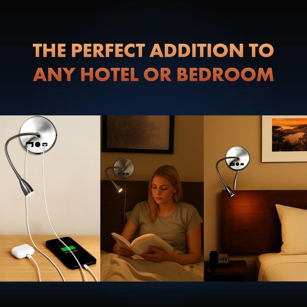 NewhouseLighting Newhouse Lighting 4.5 in. W x 15 in. H Selene Gooseneck Reading Light in Brushed Steel with USB-A and USB-C Charging Ports…