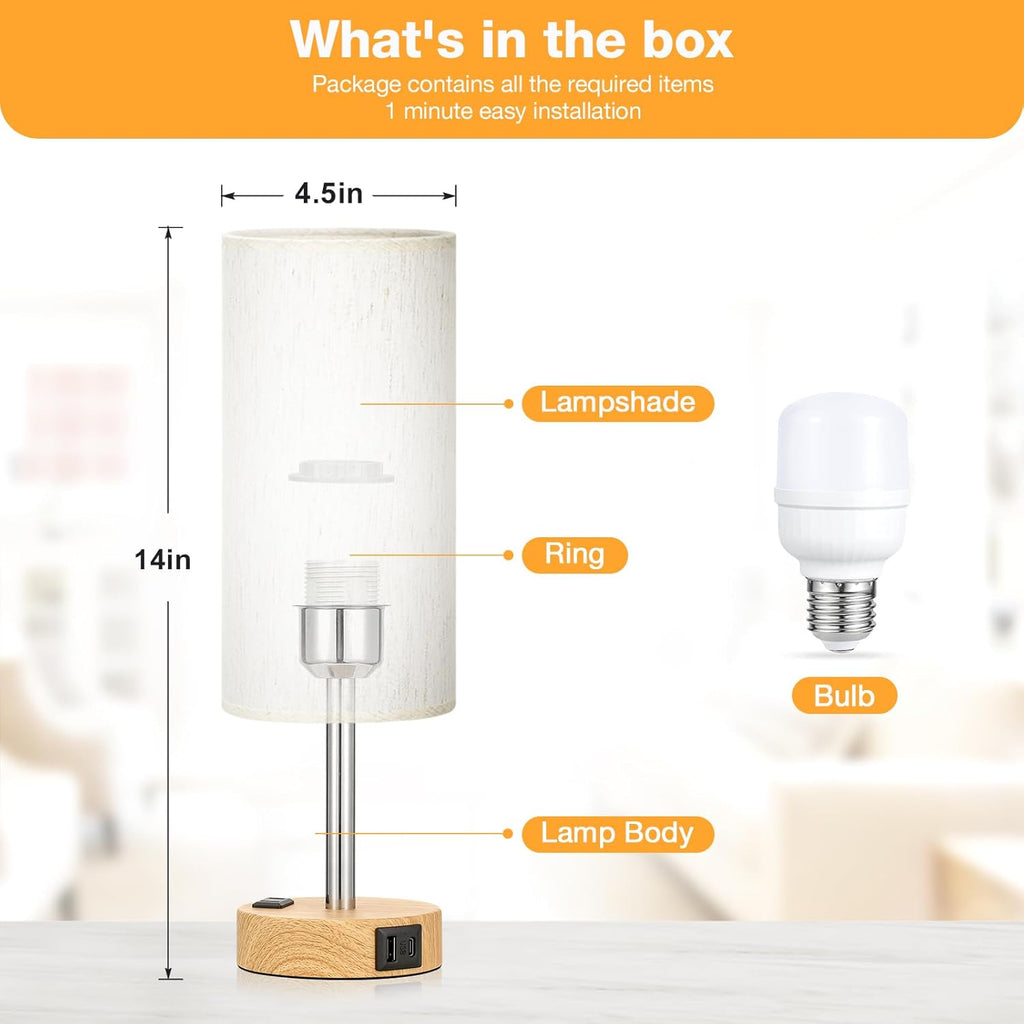 Fenmzee Bedside Table Lamp for Bedroom - 3 Way Dimmable Touch Lamp USB C Charging Ports and AC Outlet, Small Lamp Wood Base Round Flaxen…
