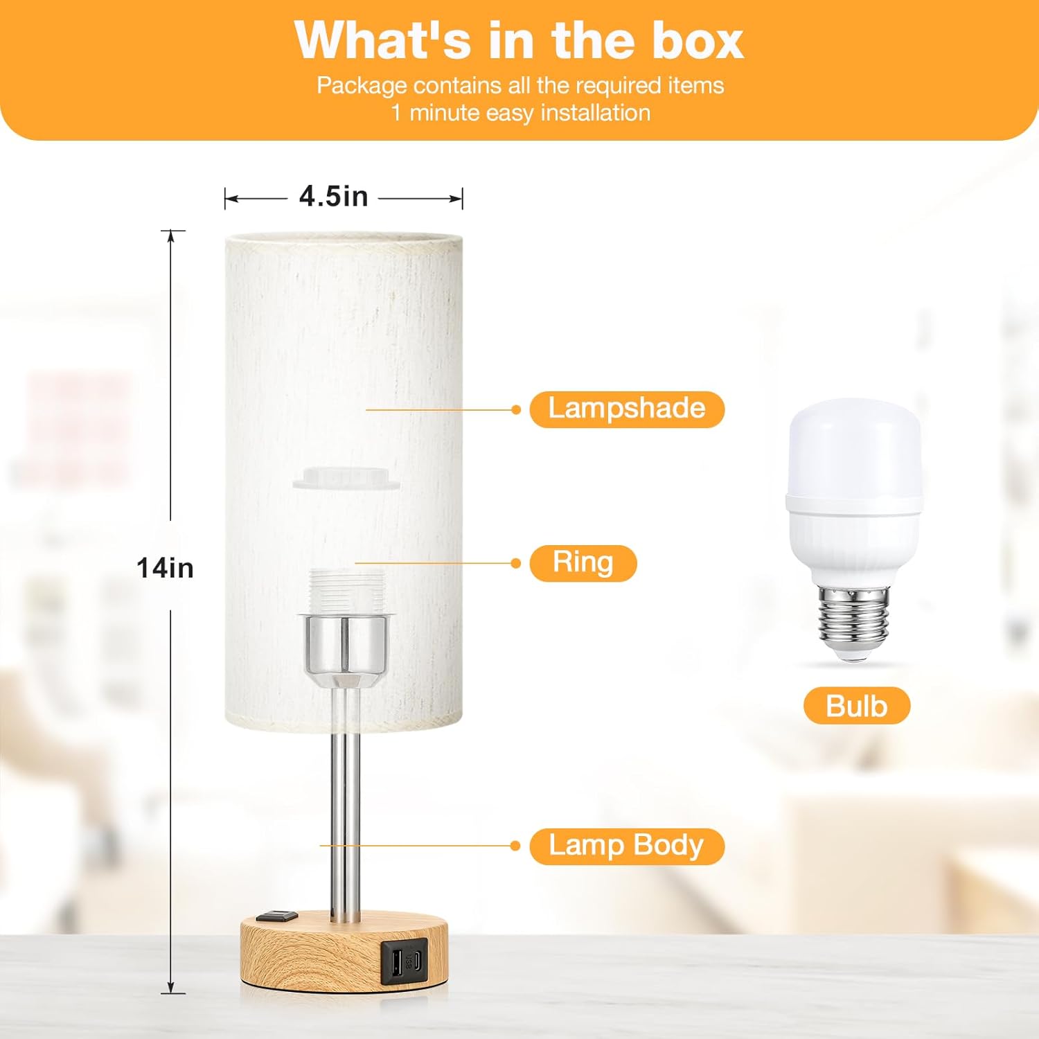 Fenmzee Bedside Table Lamp for Bedroom - 3 Way Dimmable Touch Lamp USB C Charging Ports and AC Outlet, Small Lamp Wood Base Round Flaxen…