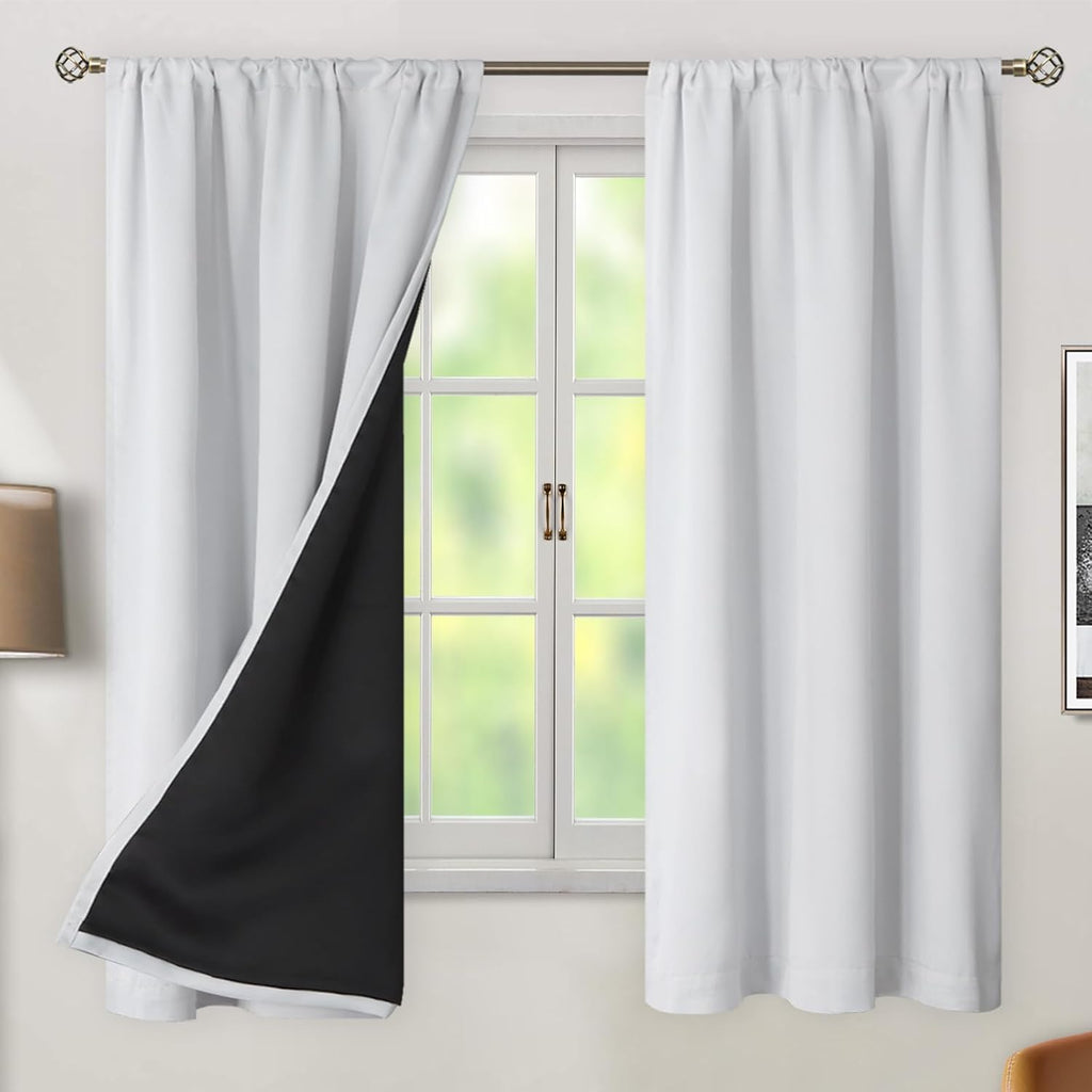 BGment Greyish White 100% Blackout Curtains 63 Inches Long with Thermal Insulated Liner, Rod Pocket and Back Tab Double Layer Full Room…