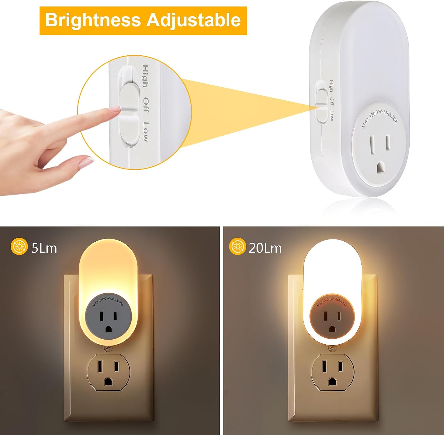 Dawnrise Night Lights Plug Into Wall, Dusk to Dawn Sensor Night Light with Power Outlet, CCT 2200K or 4000K, 5Lm or 20Lm Adjustable…