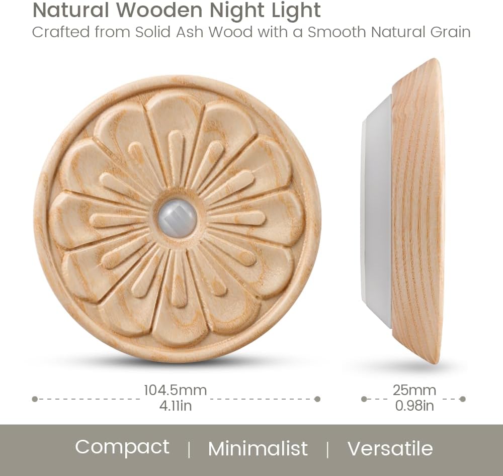 Flower Motion Sensor Night Light, Carved Wooden Flower Wall Lamp, Backlight LED Light, Rechargeable & Stick-On Magnetic Mount for Indoor…