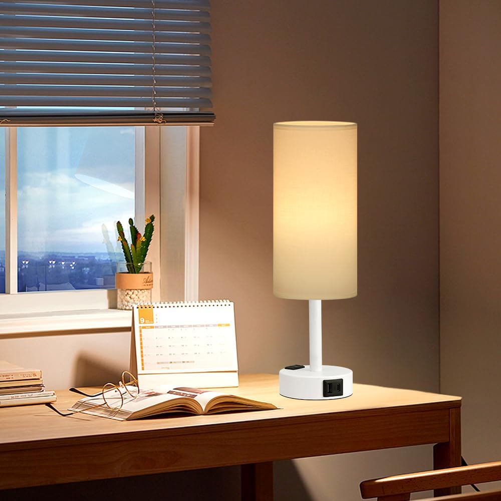 Fenmzee Matte White Bedside Table Lamp for Bedroom - 3 Way Dimmable Touch Lamp USB C Charging Ports and AC Outlet, Small Lamp Round…
