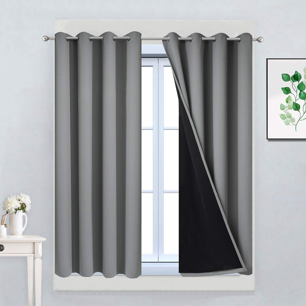 Yakamok Gray 100% Blackout Curtains 45 Inches Long, Full Light Blocking Thermal Insulated Blackout Drapes with Black Liners for Bedroom(Gre…