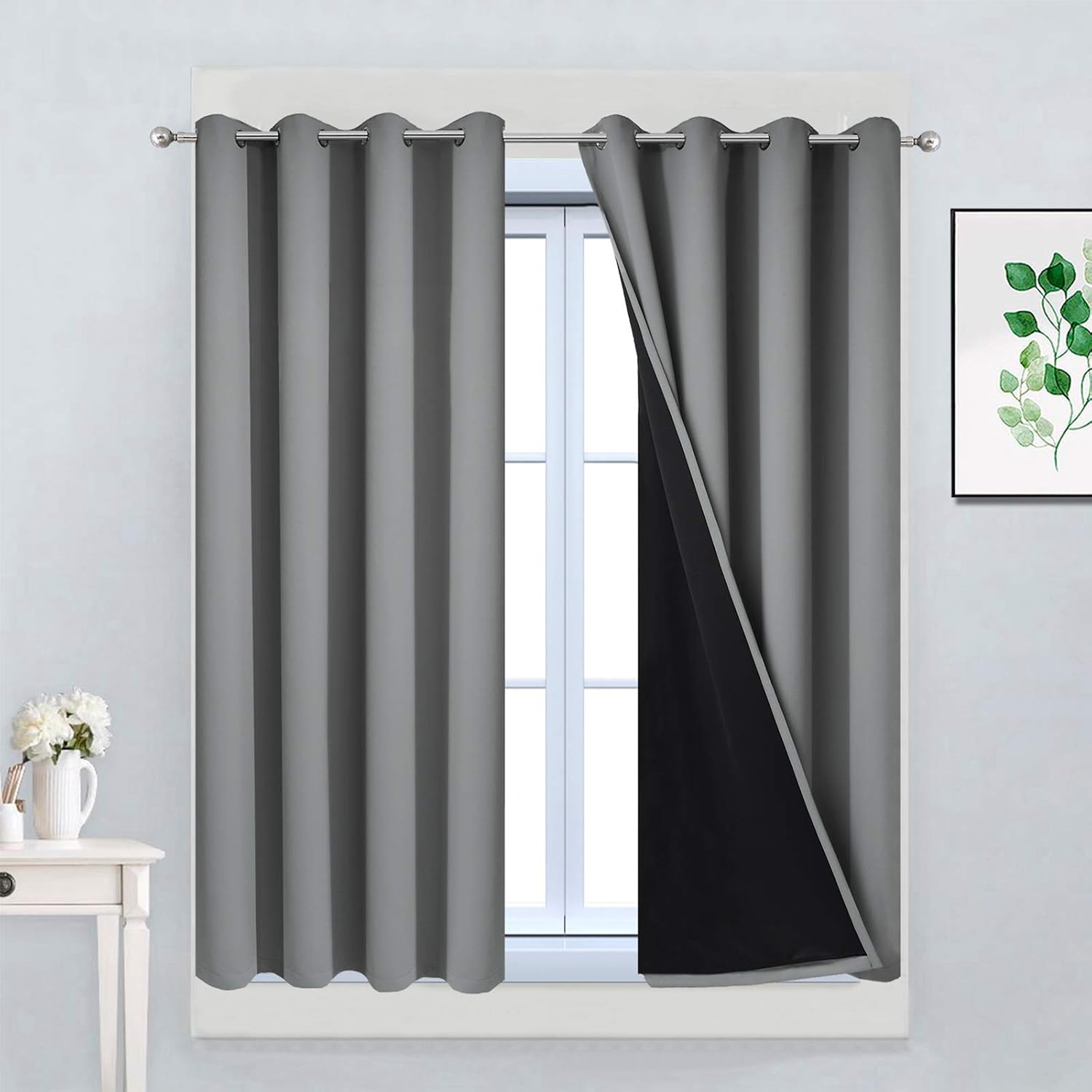 Yakamok Gray 100% Blackout Curtains 45 Inches Long, Full Light Blocking Thermal Insulated Blackout Drapes with Black Liners for Bedroom(Gre…