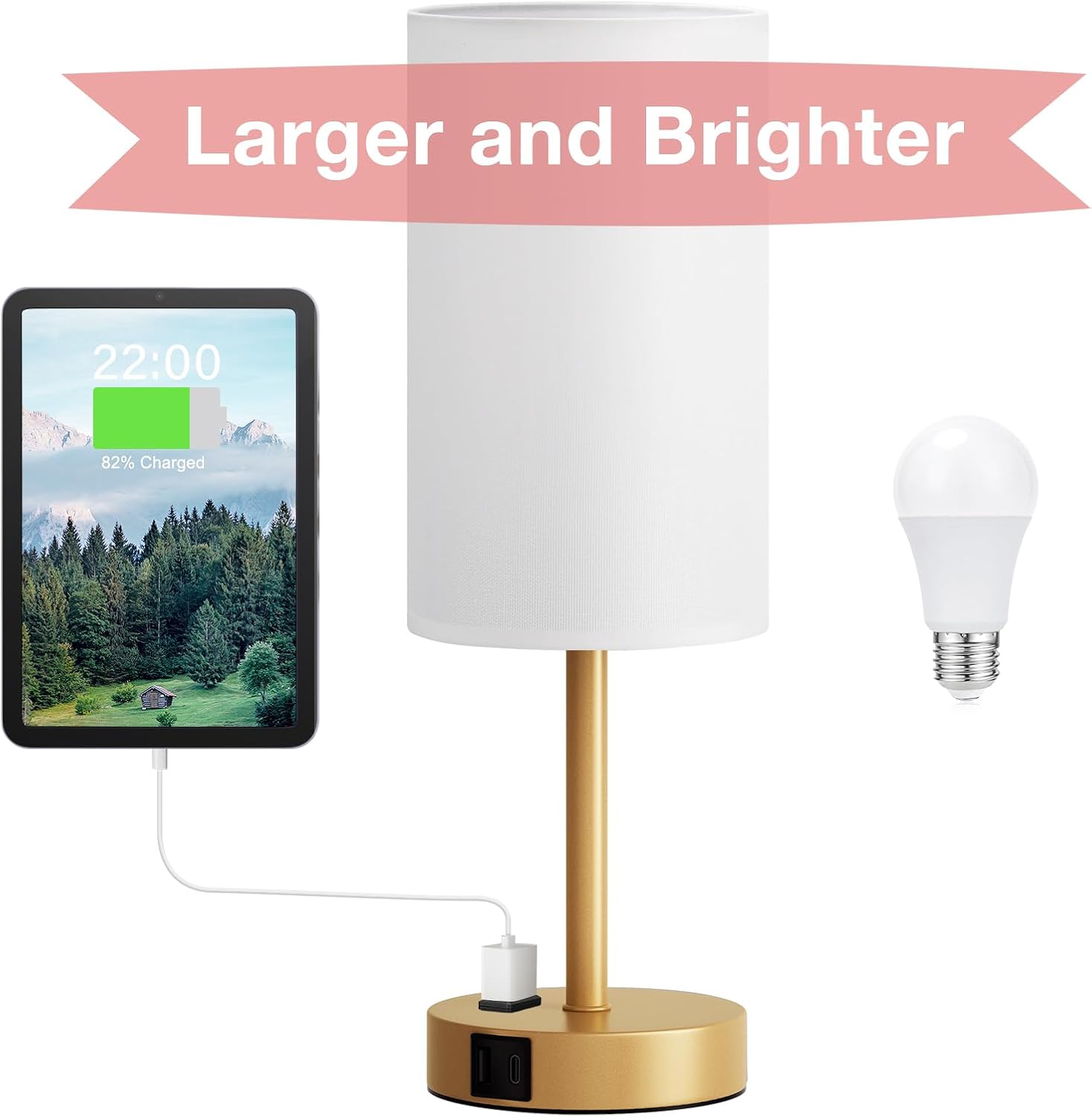 Fenmzee Gold Nightstand Bedroom Lamp - 3 Way Dimmable Bedside Lamp USB C A Charging Ports and AC Outlet, Small Table Lamp Linen Lampshade…