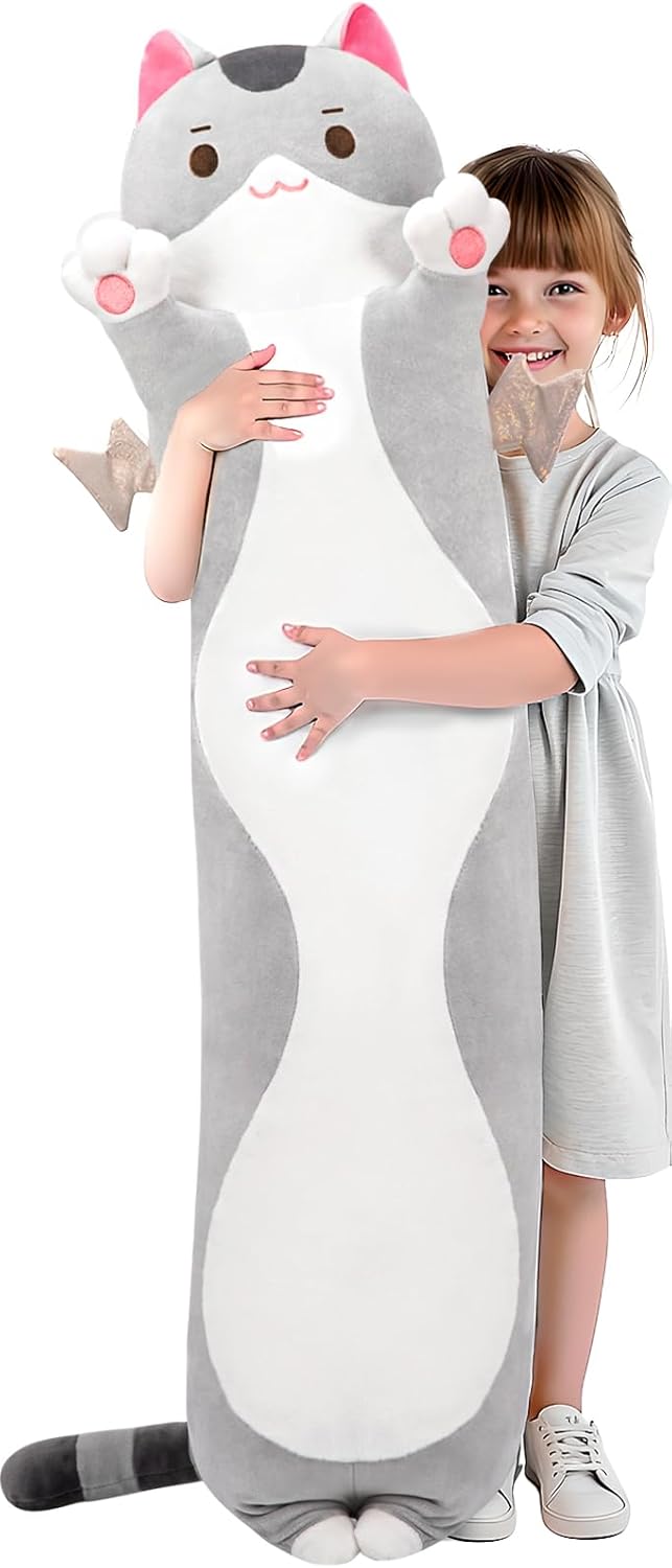 Mewaii Long Cat Plush 5 Sizes, 120% Extra Filling Giant Plushness Kids Body Pillow, Kawaii Cute Grey Cat Stuffed Animals Plushies, Big Long…