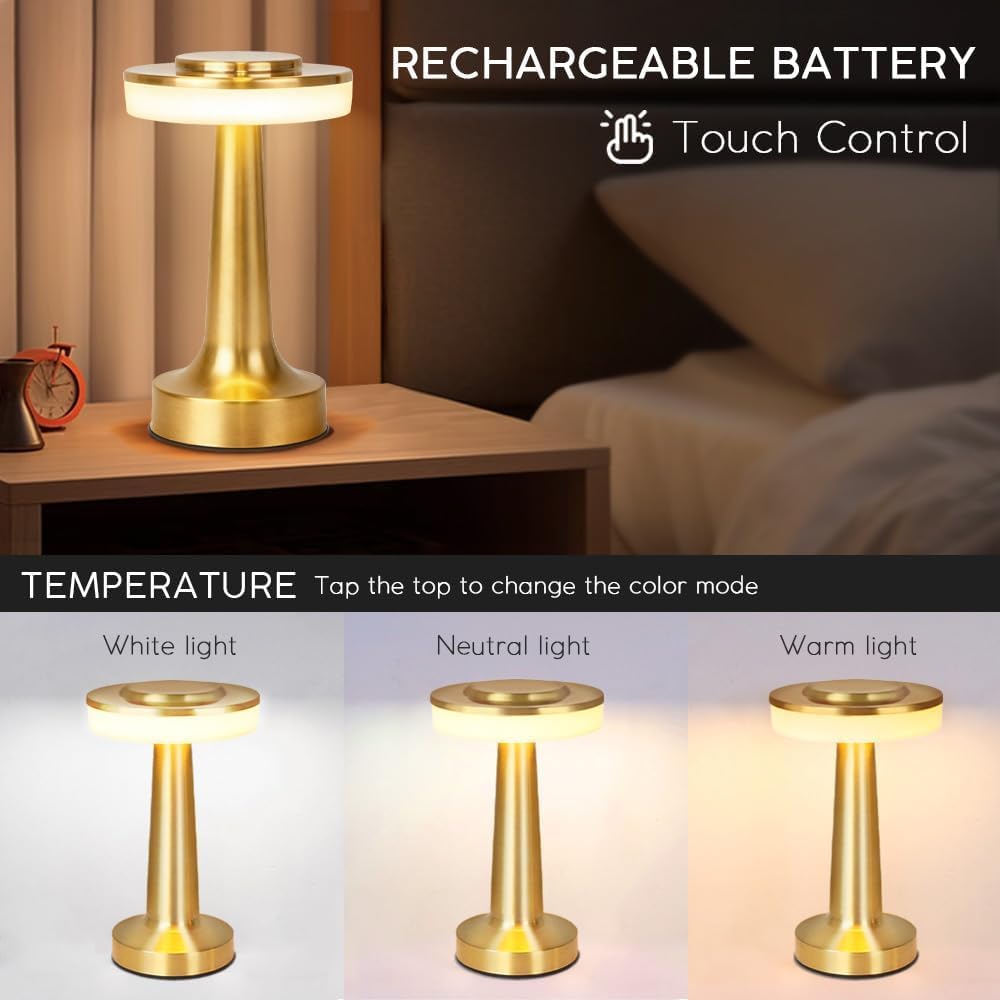 JHPGEOE Cordless Metal Desk Lamp, Touch Sensor Control LED Table Lamp, 3 Color Stepless Dimmable Battery Powered Lamp for Living Room…
