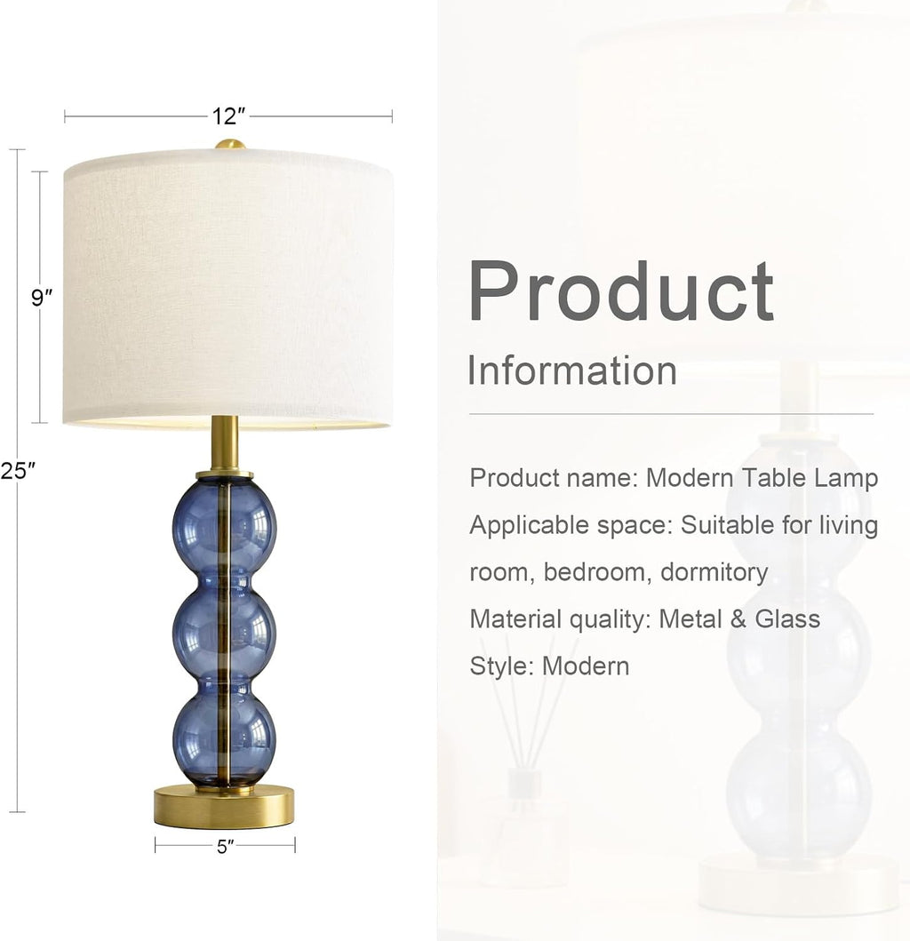 Oneach 25" Blue Table Lamps for Living Room, Glass Modern Table Lamp Set of 2, USB Charging Ports, Linen Shade, Bedside Lamps for Bedroom,…