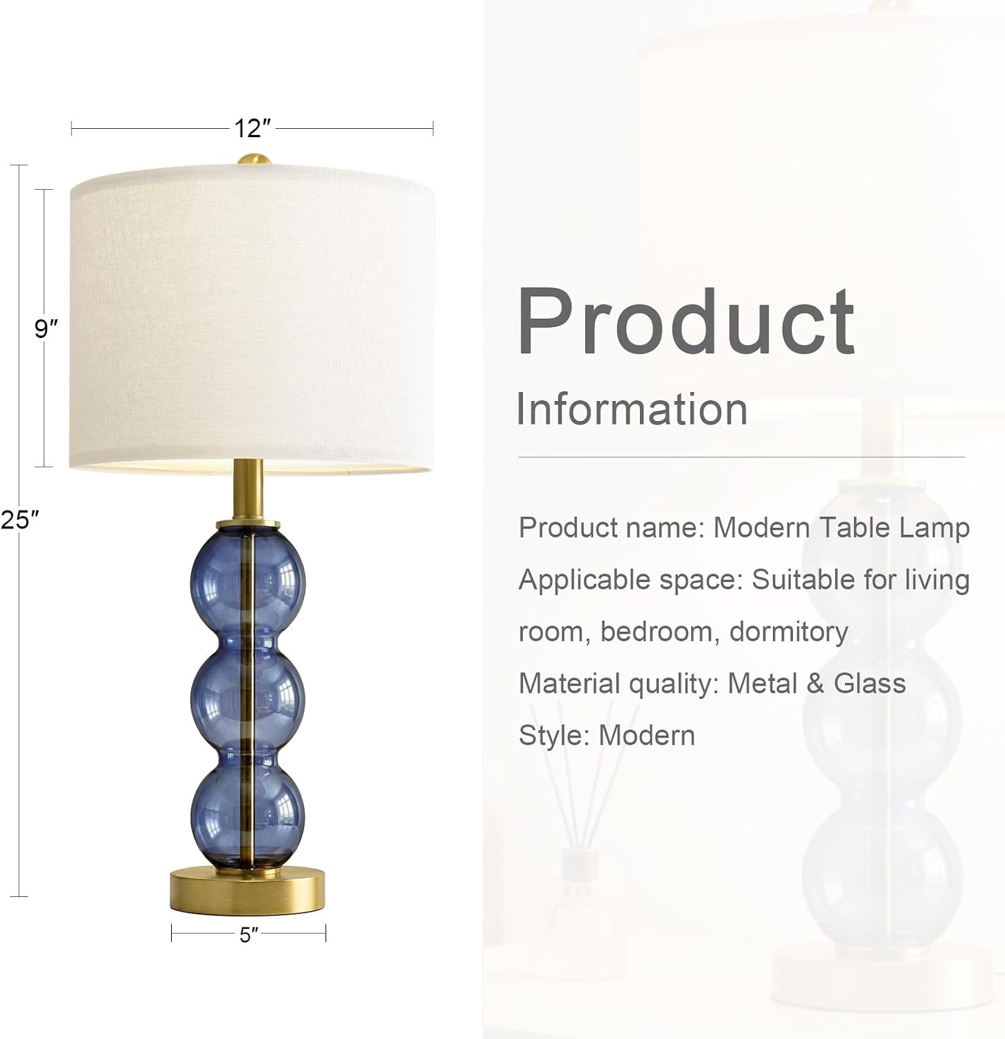 Oneach 25" Blue Table Lamps for Living Room, Glass Modern Table Lamp Set of 2, USB Charging Ports, Linen Shade, Bedside Lamps for Bedroom,…