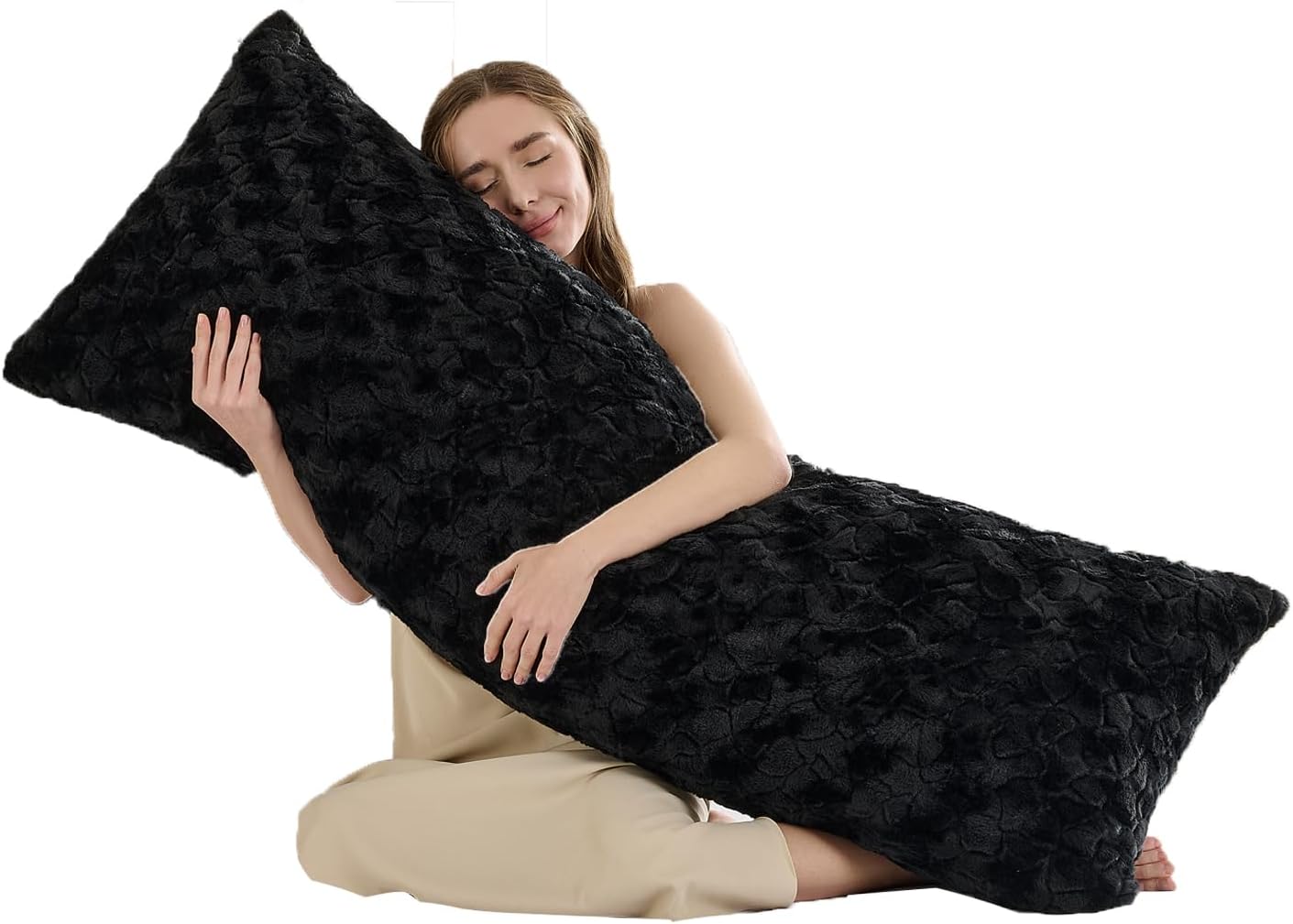 HKMR Fluffy Faux Rabbit Fur Body Pillow, Memory Foam Pregnancy Pillow for Side Sleep Body Pillow,20x54 Long Pillow for Adults-Black 2…