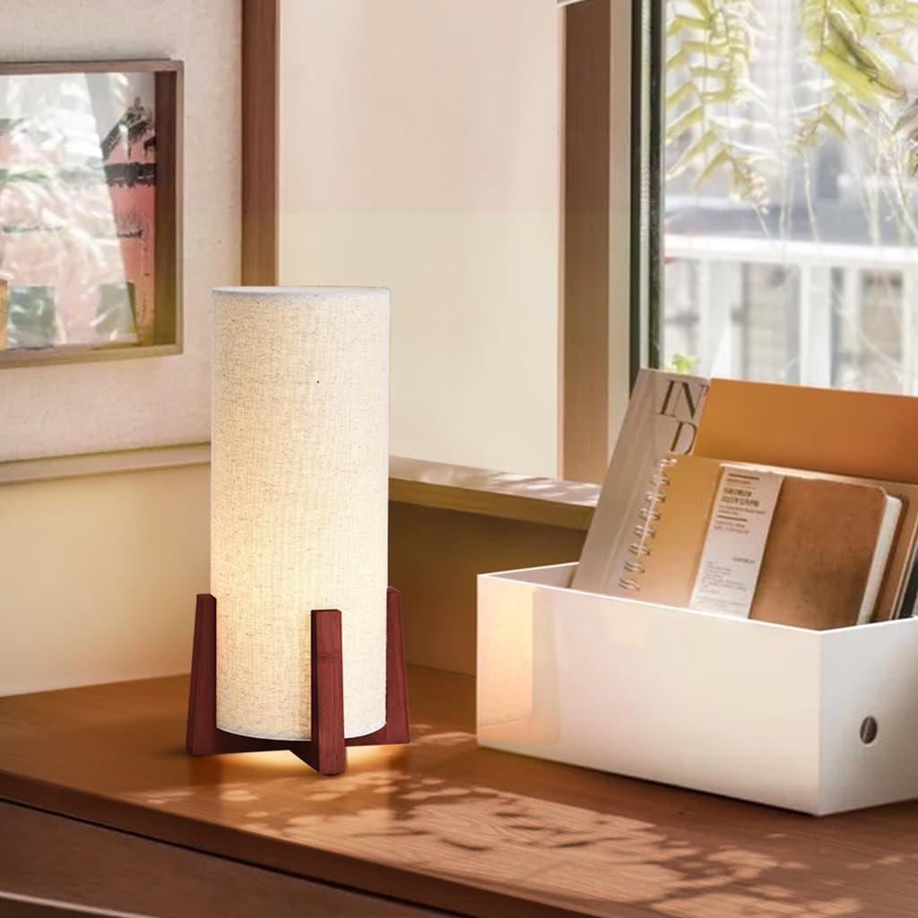 KUNJOULAM Modern Small Table Lamps, Nightstand Lamp with Linen Fabric Shade, 13.9" Cylinder Bedside Table Lamp for Bedroom, Cafe, Living…