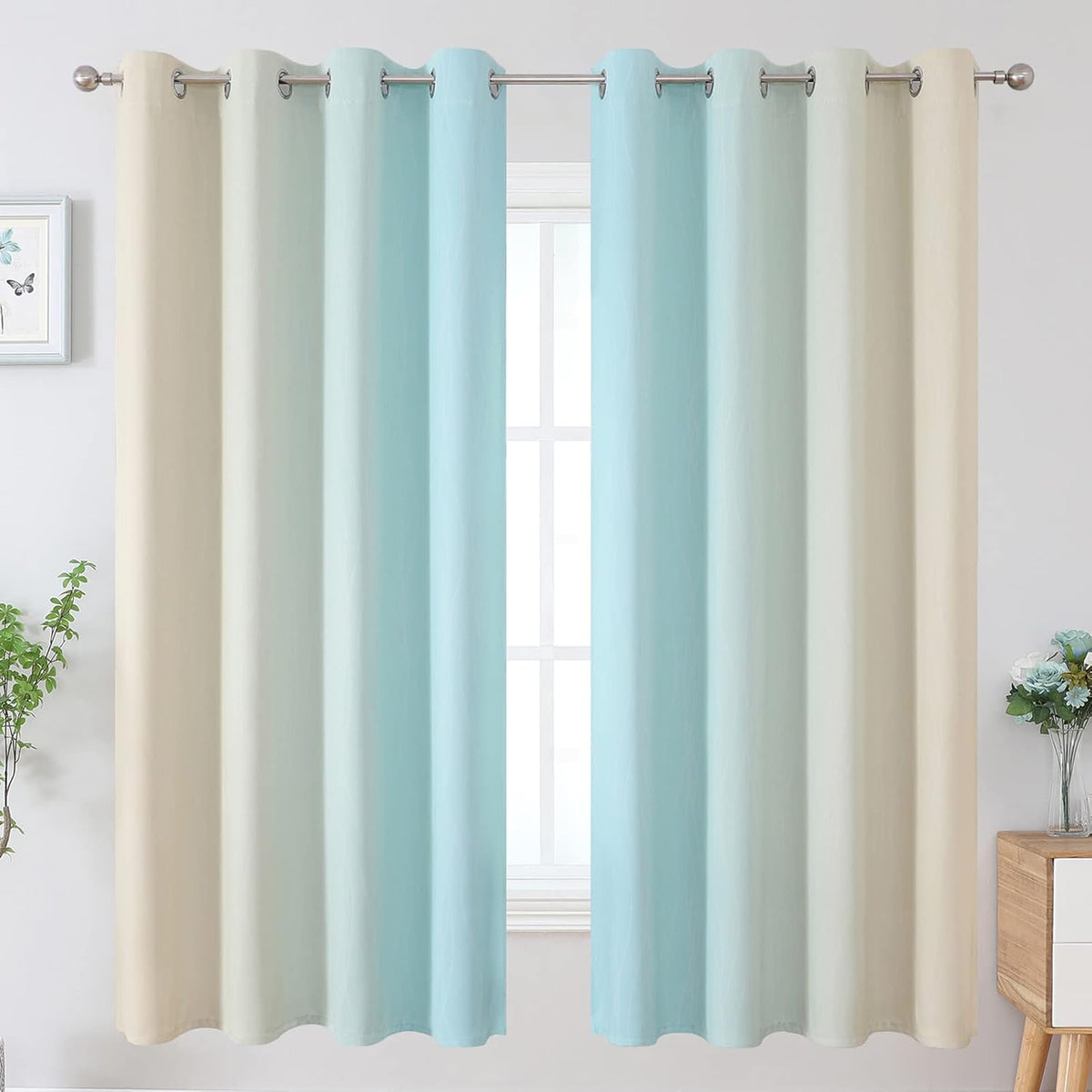 Estelartextiler Estelar Textiler Aqua and Beige Gradient Blackout Curtains for Boys Room, Ombre Thermal Insulated Noise Reducing Blackout D…