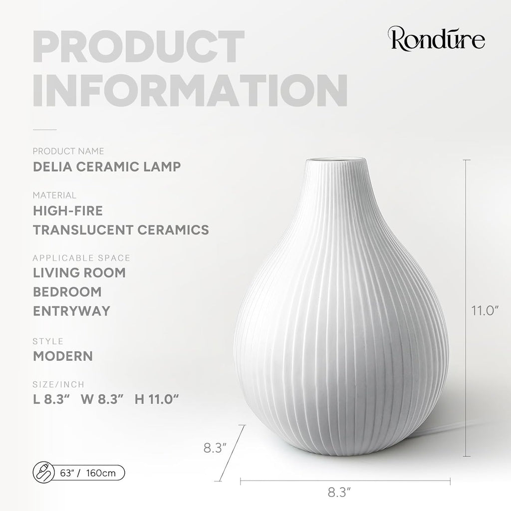 RONDURE 11.0" Modern Ceramic Table Lamp, Fully Dimmable Modern Bedside Lamps for Bedroom, Living Room and Nightstand, White Translucent…