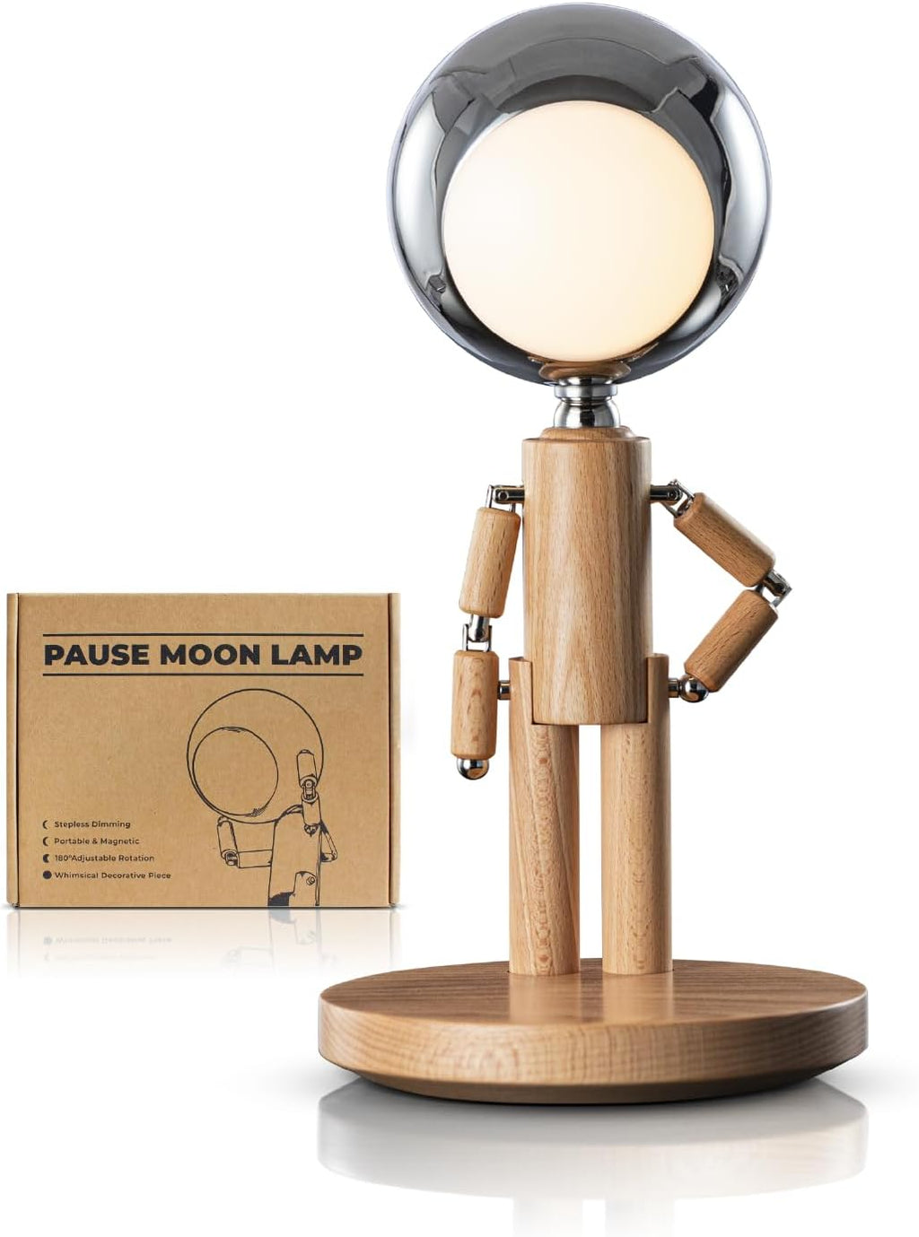 Rechargeable Cordless Desk Lamp, Creative Wooden Table Lamp with 3 Color &Stepless Dimming, Adjustable Pause Moon Lamp, Unique Decorative…