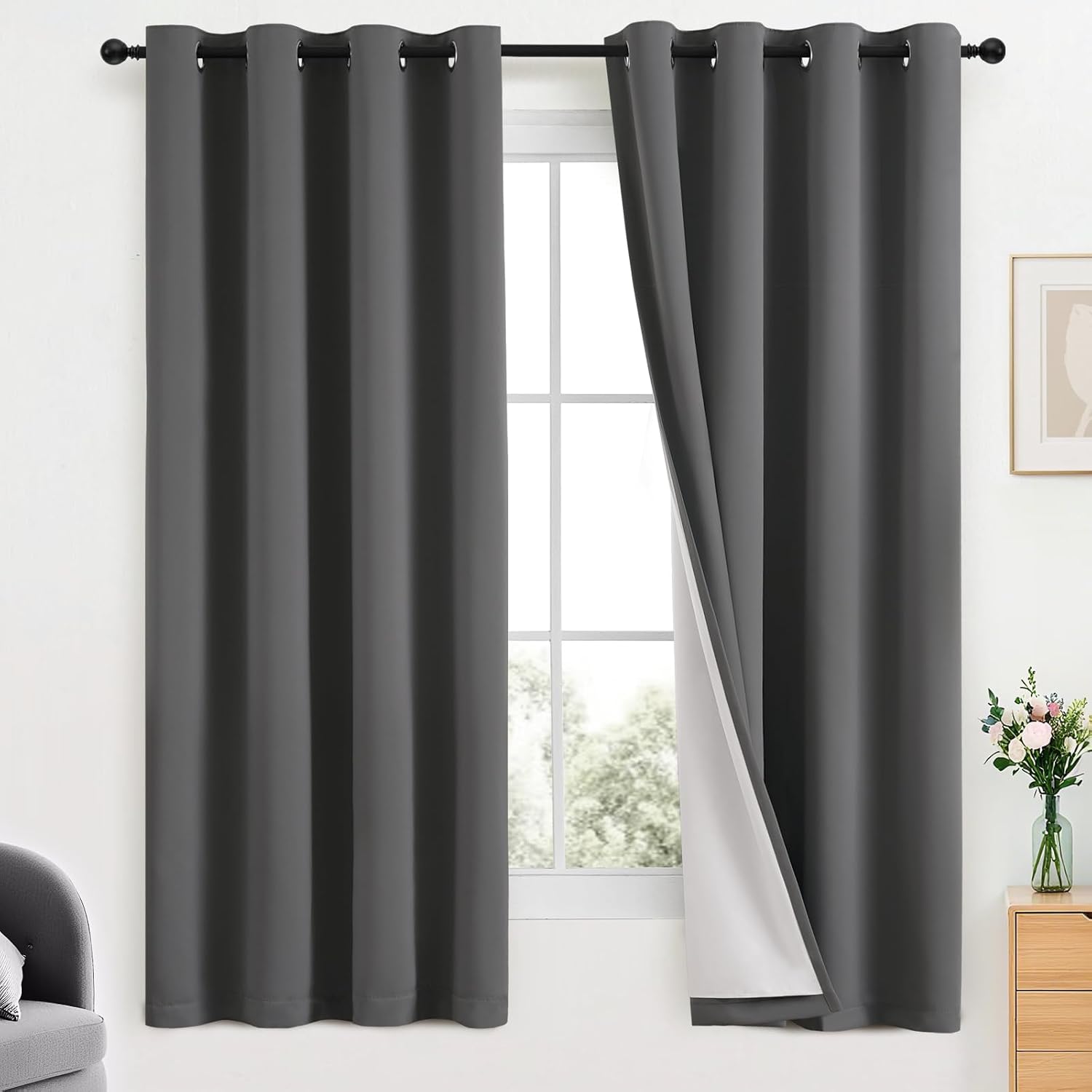 Yakamok Room Darkening 100% Blackout Curtains Grommet Window Treatments with 2 Thick Layers-Charcoal Grey Thermal Insulated Drapes Set of 2…