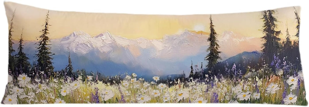 Farmhouse Wildflowers Floral Mountain 20x54 Body Pillow Cover, Cottagecore Room Decor, Rustic Country Forest Nature Landscape Decorative…